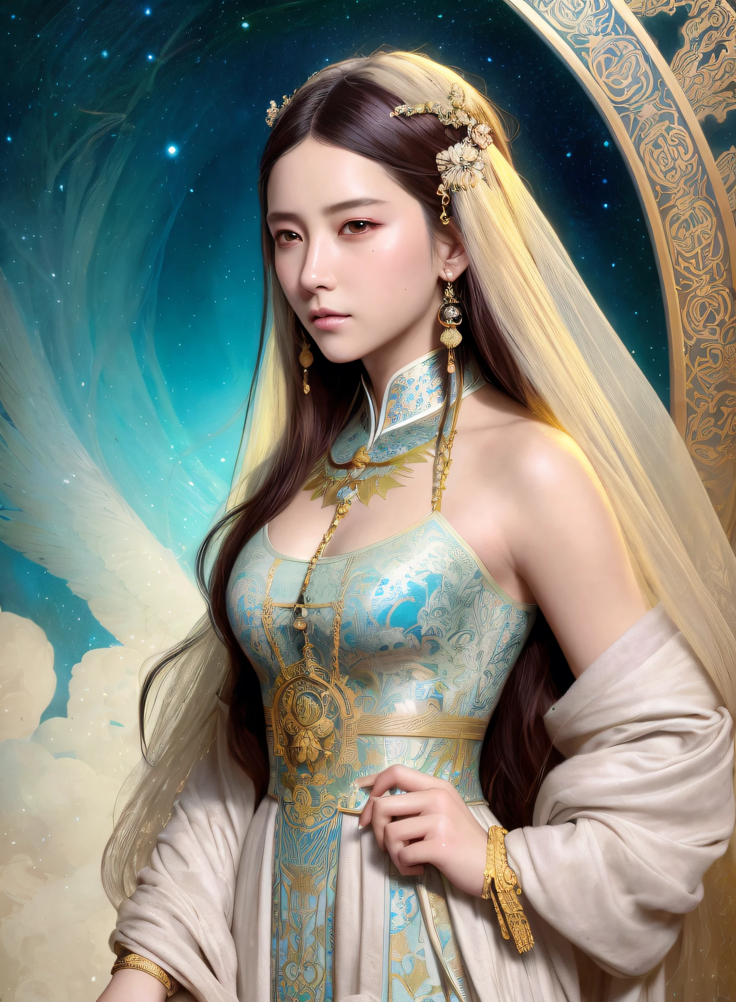 High quality, masterpiece, masterpiece, exquisite facial features, exquisite hair, exquisite eyes, exquisite color hair, 4K picture quality, gorgeous light and shadow, Tyndall effect, halo, messy hair, young state, gorgeous scene, exquisite clothes, chains, feathers, ancient chinese beauty with big eyes very detailed, digital painting, artstation, concept art, sharp focus, illustration, art by greg rutkowski and alphonse mucha and victo ngai