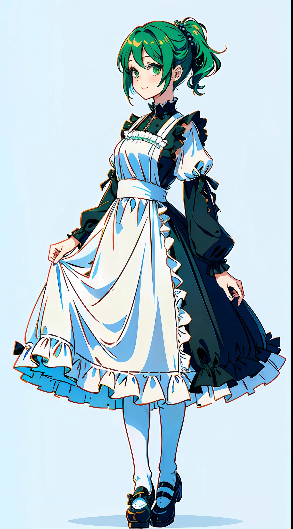 (white background): 2.0, front view, 1 girl, serene expression, charming eyes, composed pose, porcelain skin, subtle blush, soft shadow, Unity 8k wallpaper, smiley face, green hair, Bob hair, black eyes, visual novel sprite, standing, full body single character, no background, only white background, 25 years old, pretty, casual fashion, cute lolita maxi dress, lace stockings, overall view, anime full body illustration,