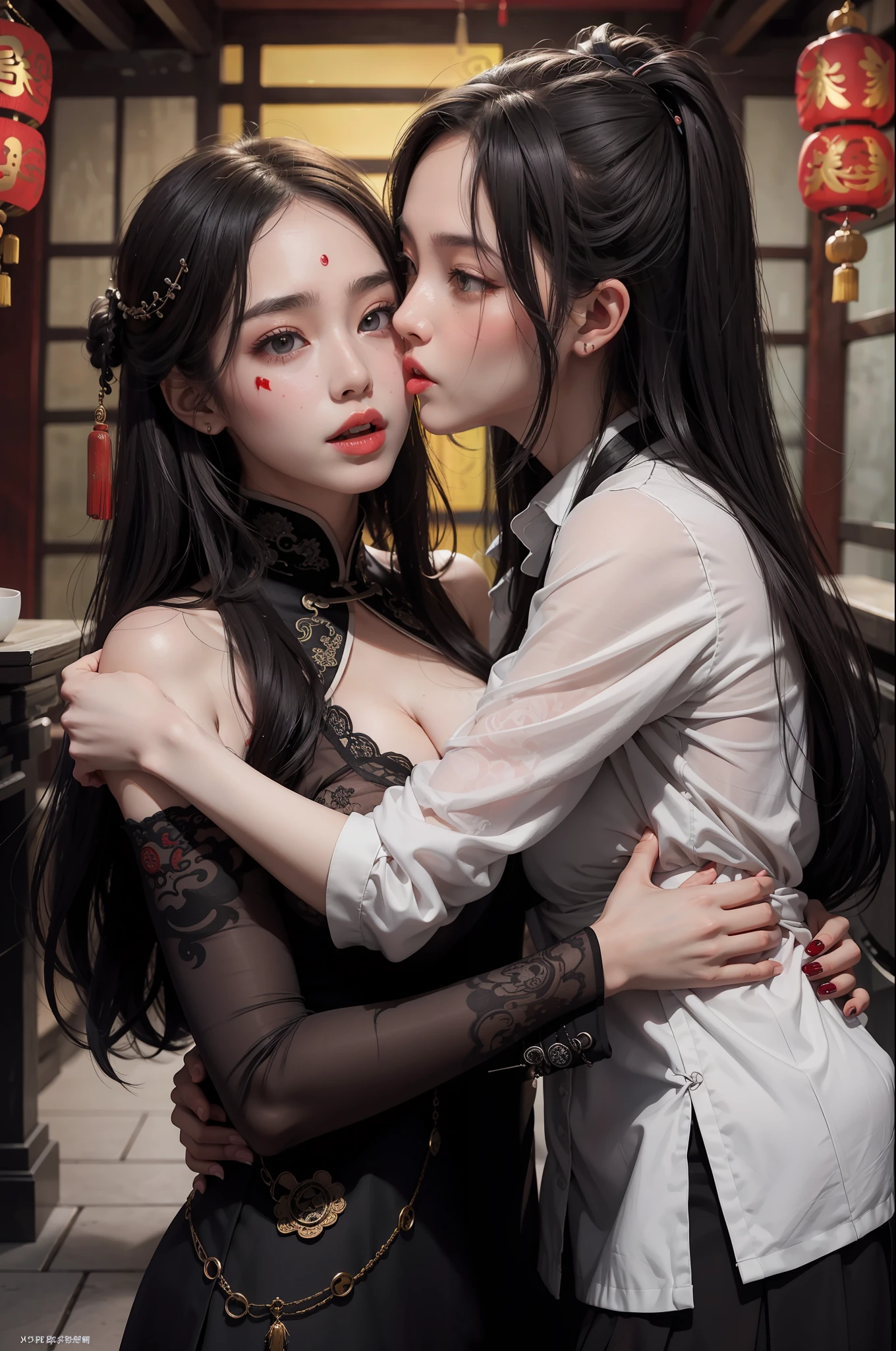 realistic,( photo-realistic), (best quality),official art, masterpiece, ultra hires, 8k, (night, grey skin, dark and dreadful atmosphere),
(east asian architecture:1.5), indoors, luxury room,
(2girls:1.8), cosplay costume, (chinese talisman on forehead:1.2), shiny skin, blood, blood on face, blood on clothes,
(((yuri, kiss,hug, touching breasts))), tongue, tongue out, dynamic pose,