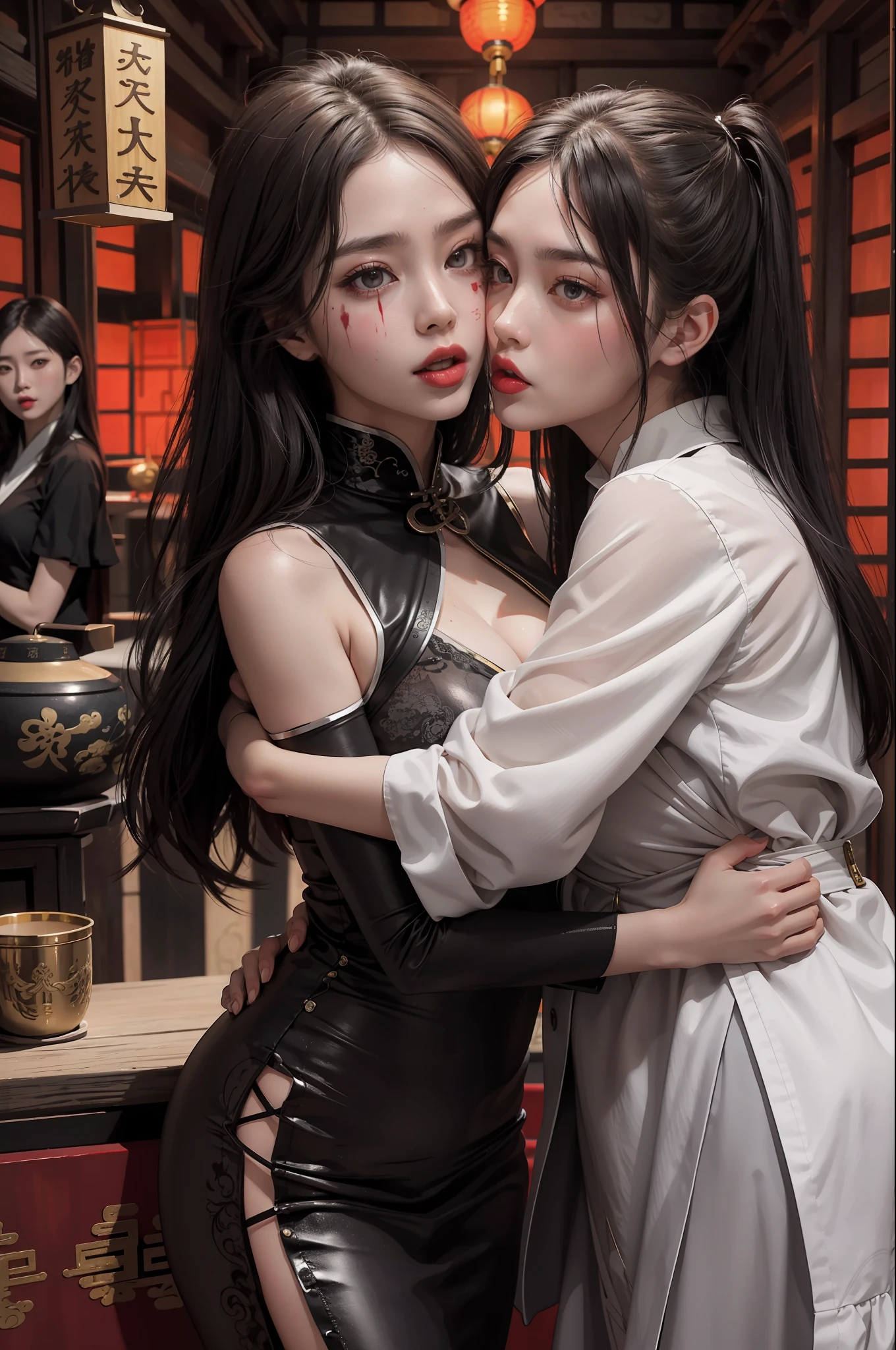 realistic,( photo-realistic), (best quality),official art, masterpiece,  ultra hires, 8k, (night, grey skin, dark and dreadful atmosphere), 
(east asian architecture:1.5), indoors, luxury room,
(2girls:1.8), cosplay costume, (chinese talisman on forehead:1.2), shiny skin, blood, blood on face, blood on clothes, 
(((yuri, kiss,hug, touching breasts))), tongue, tongue out, dynamic pose,