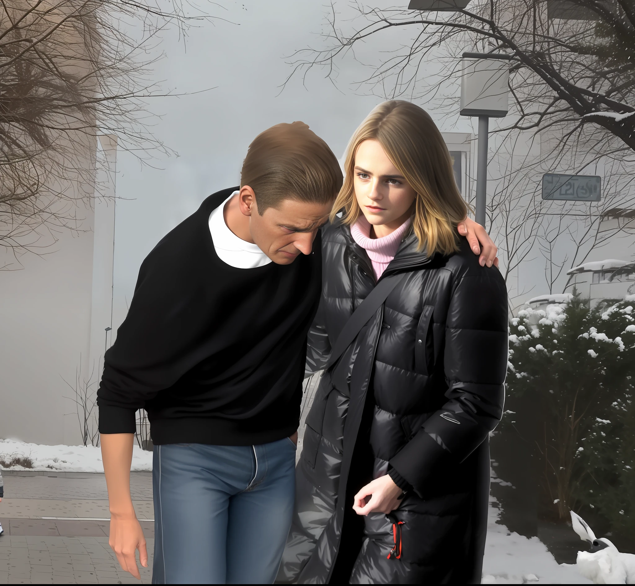 a wounded elderly man and his girlfriend are walking down the street together in the cold, the girl is wearing a very wet and shiny laquered coat, action shot, the girl is supporting the elderly man, the elderly manis injured and is needing support to walk, the elderly man is shouting in pain, the elderly man is screaming out in pain, the elderly man is in pain, the girl is full of pity, the girl is looking very concerned, the elderly man is groaning out loud, the girl is wearing a very shiny coat, first aid scene, dramatic pose, boy with his arm around the girl, dafne keen, heartbreaking, wearing a blue jacket, photoshopped, emma watson with anxious, forcing him to flee, photo-shopped, ((oversaturated)), photo 2 0 1 0, poignant, with a kid, ???, they are walking down the street together in the rain, high quality upload, very coherent image, on a street, in the background, random content, shooting, in city street, exploitable image, person in foreground, beautiful girl, cover shot, with a kid, wonderful scene, in an urban setting, in the street, by Zahari Zograf