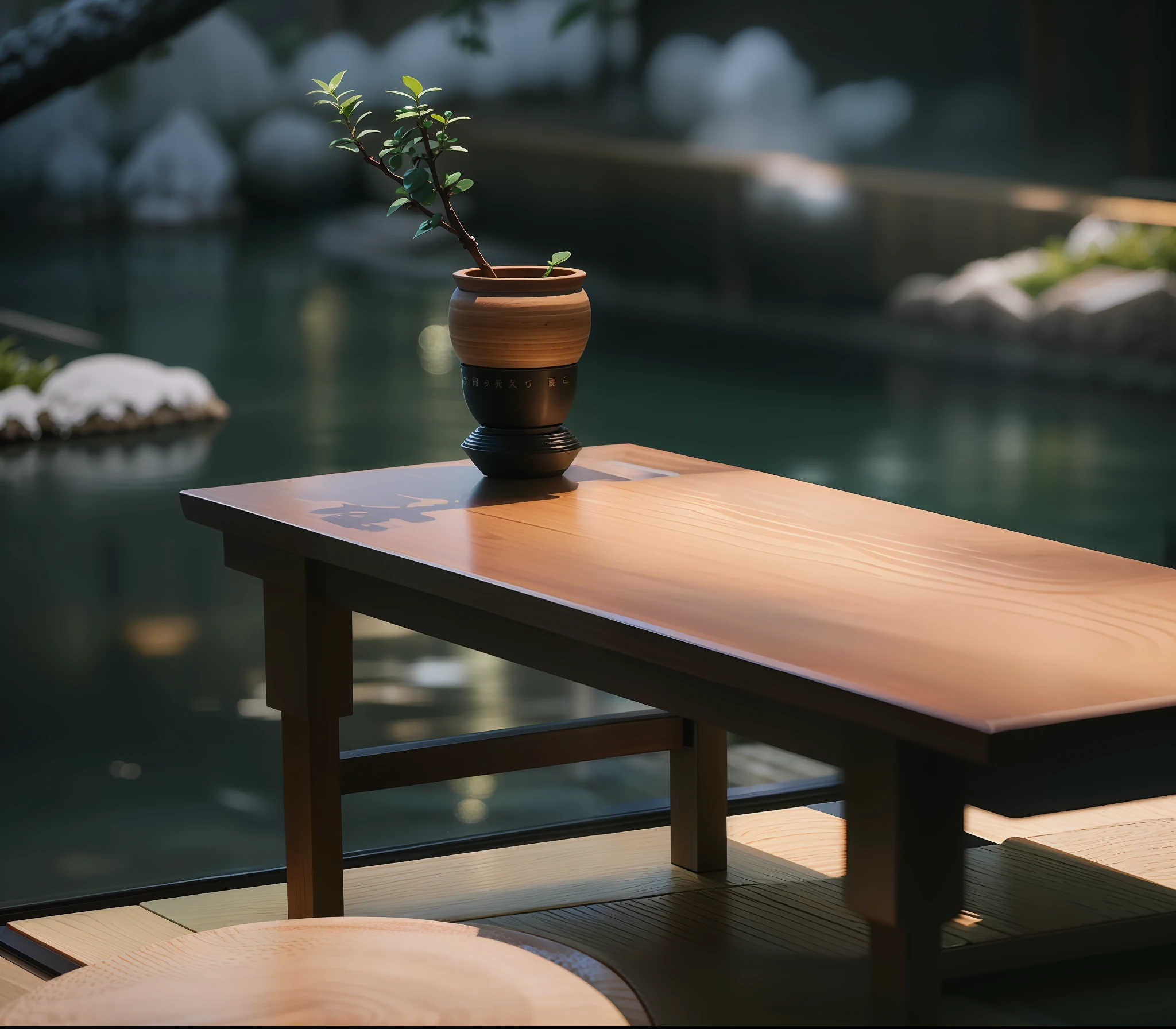 there is a small potted plant on a table next to a window, shot on leica sl2, table in front with a cup, on a wooden table, high-end onsen, japanese onsen, detailed wooden table, kyoto inspired, dslr photo of a vase on a table, shot on sony a 7, shot on sony a 7 iii, wooden table --auto --s2