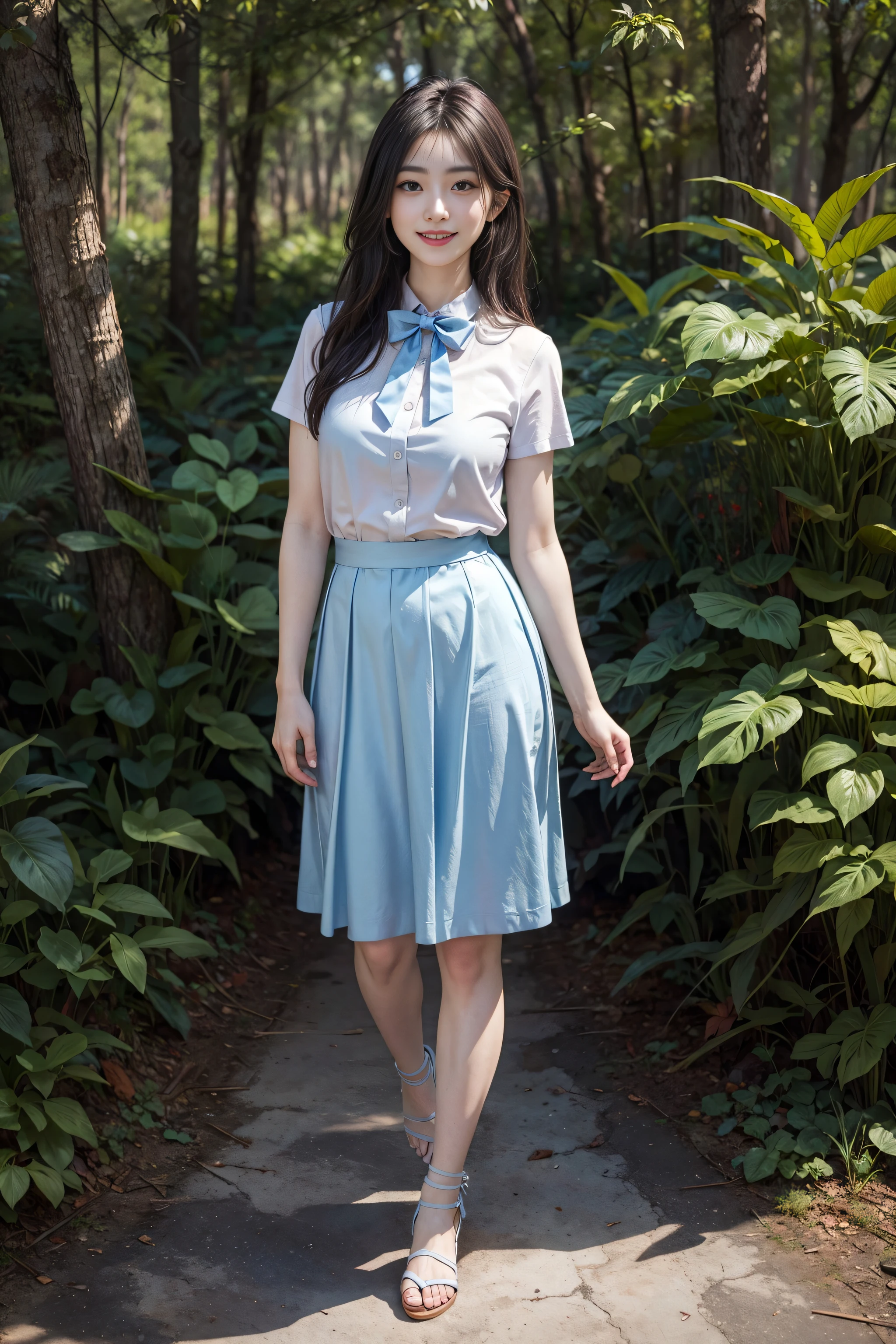 a cute girl,20 yo,Light Blue eyes, black hair, Long Bohemian Hairstyle, wearing (Sky Blue) A-line skirt and blouse, at A dark, mysterious forest with twisted branches and creeping vines, front view, earrings,bowtie, during midday,Cinematic lighting , ((masterpiece)), (best quality), (highres), original, extremely detailed 8K , (photorealistic:1.4),flawless face, perfect eyes,symmetrica body shape,(full body),smile,