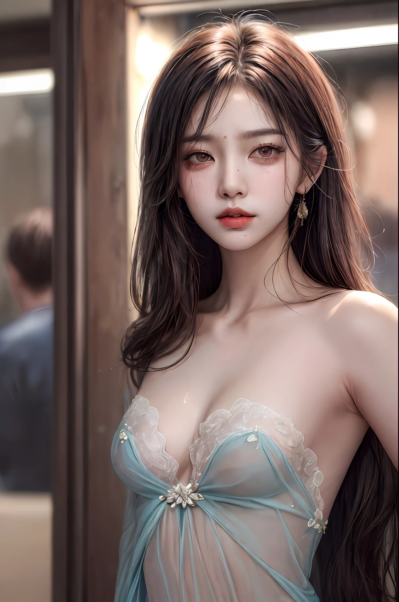 (best quality), (masterpiece), (highres), original, extremely detailed 8K wallpaper, (an extremely delicate), Best quality, masterpiece, (((disgusted and unhappy expression))), (((disgusted face, unhappy face))), angry Frown, ultra high res, (photorealistic:1.4), raw photo, street photography, photo of a Taiwanese young girl, She play with her own breasts, sweat, sweaty body, (sheer fabric:1.35)(loose:1.5)lace strapless dress, (((huge)saggy breasts)), (bare breasts), (((erect nipple))), ((areolas)), (Korean(kpop idol)), ((puffy eyes)), deep shadow, low key, cold light, deep contrast, bokeh, depth of field, below angle, low angle, (looking at viewer, softly smiling), a photo of a inside a subway, neoism, background crowds, people in backgrounds, ((upper body)), ((straight photo)), exposure blend, medium shot, bokeh, (hdr:1.4), high contrast, (cinematic, teal and orange:0.85), (muted colors, soothing tones:1.3), low saturation, (hyperdetailed:1.2), (nsfw:1.1),