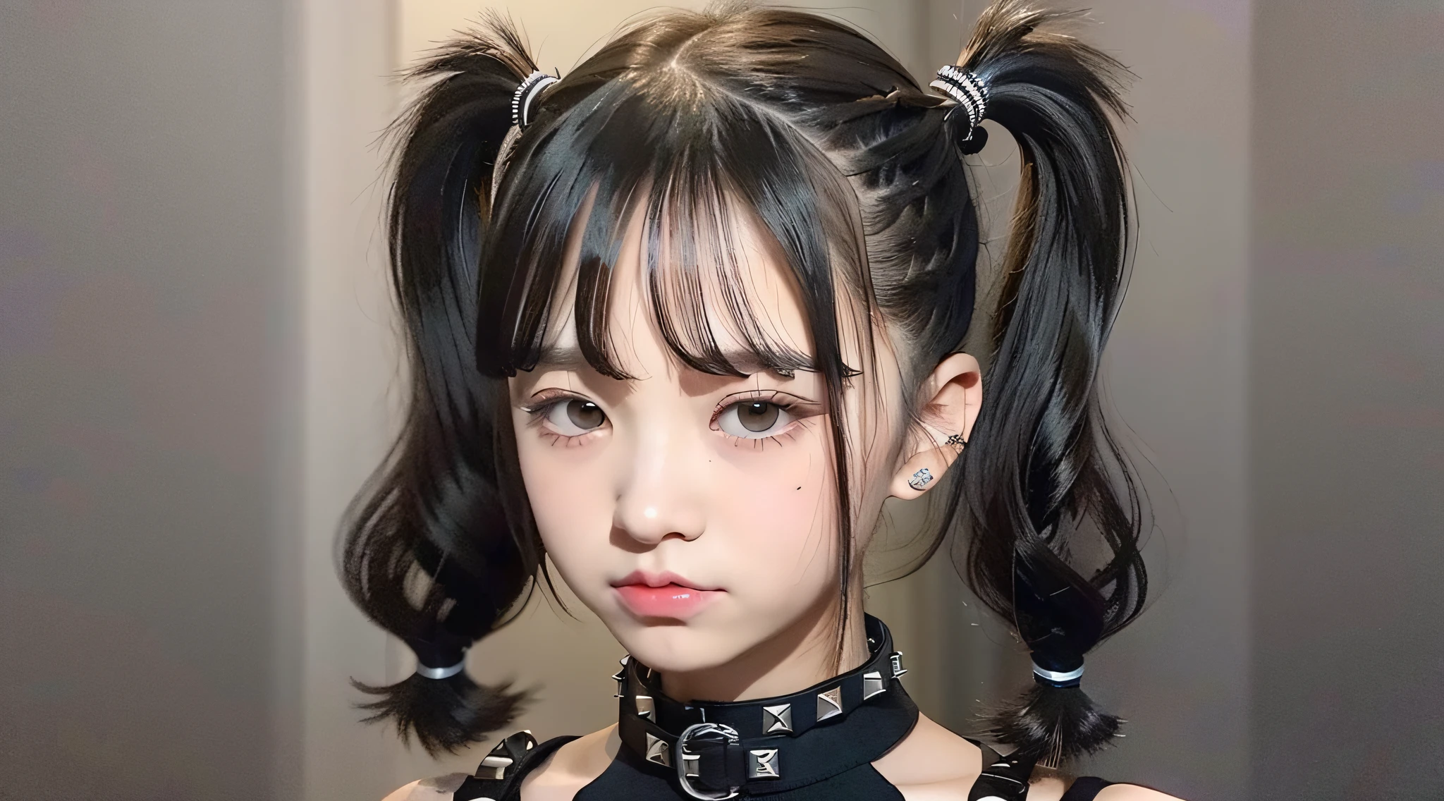 arafed girl with ponytail in black shirt and jeans with studded collar, pigtails hairstyle, with black pigtails, twintails hairstyle, punk girl, two pigtails hairstyle, punk hairstyle, curly bangs and ponytail, neat hair with bangs, short pigtails hair, young and cute girl, the hime cut, cute young girl, with full bangs, pigtail