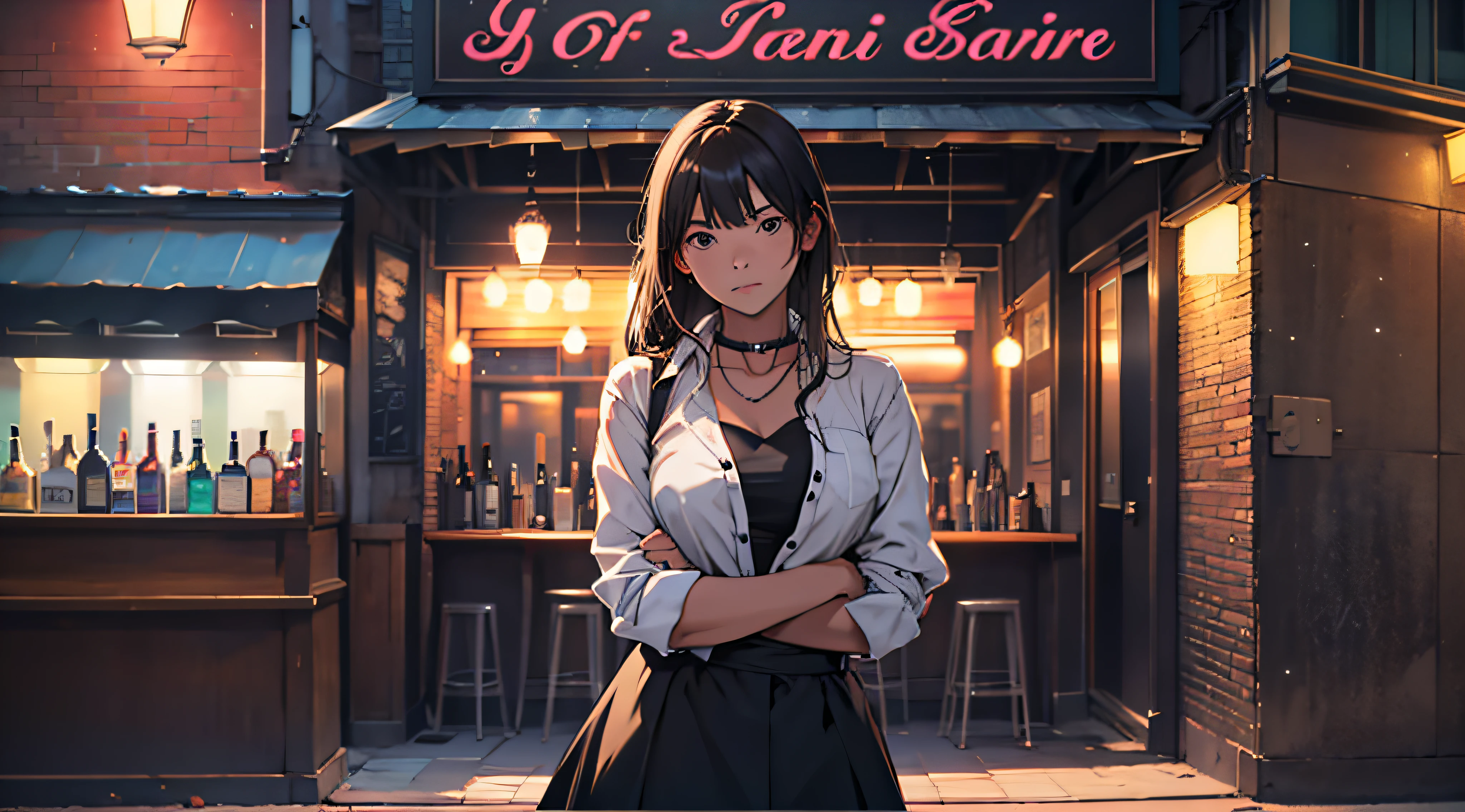 A young girl, at night, in front of the bar, in front of the club