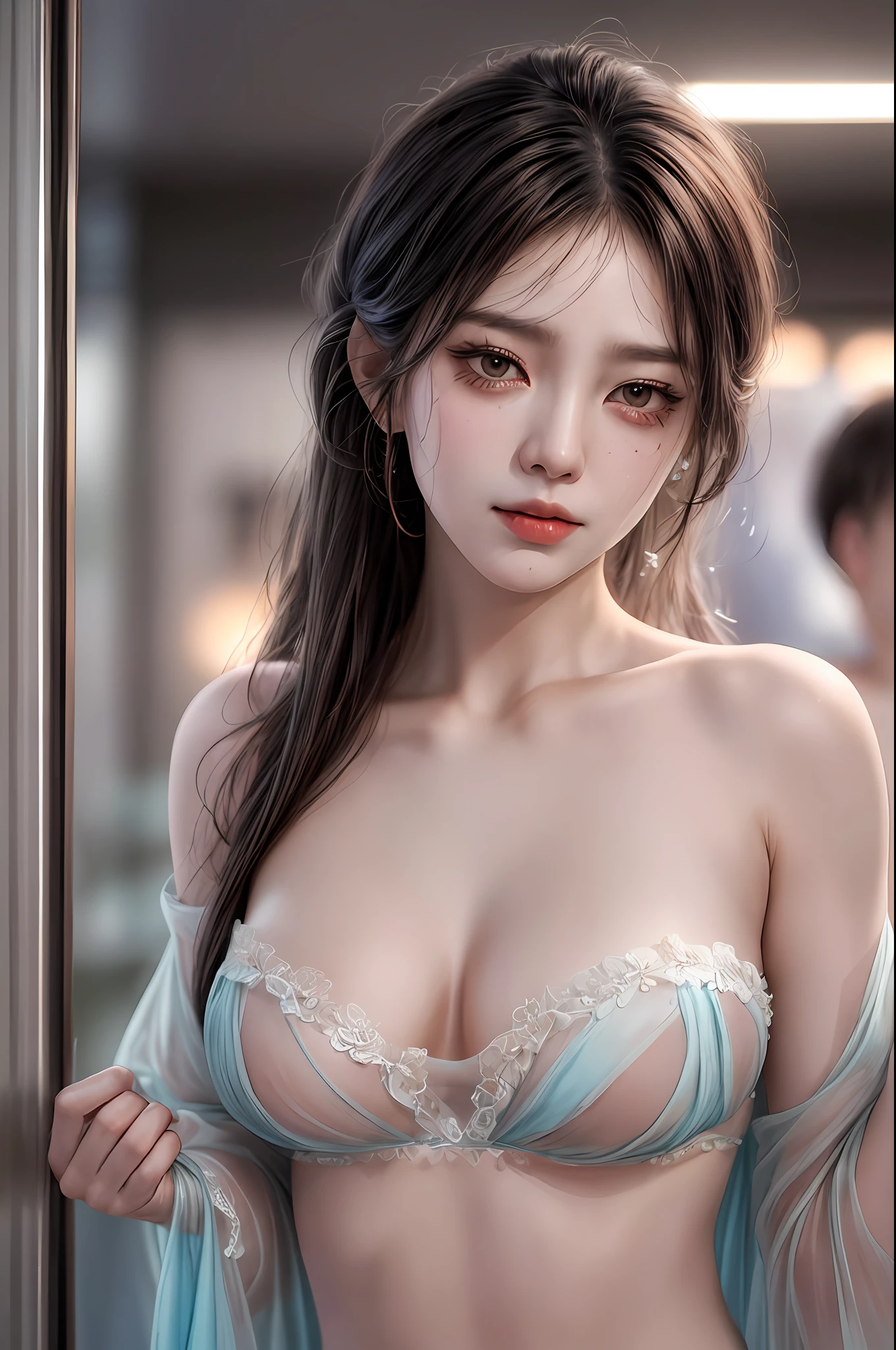 (best quality), (masterpiece), (highres), original, extremely detailed 8K wallpaper, (an extremely delicate), Best quality, masterpiece, (((disgusted and unhappy expression))), (((disgusted face, unhappy face))), angry Frown, ultra high res, (photorealistic:1.4), raw photo, street photography, photo of a Taiwanese young girl, She play with her own breasts, sweat, sweaty body, (sheer fabric:1.35)(loose:1.5)lace strapless dress, (((huge)saggy breasts)), (bare breasts), (((erect nipple))), ((areolas)), (Korean(kpop idol)), ((puffy eyes)), deep shadow, low key, cold light, deep contrast, bokeh, depth of field, below angle, low angle, (looking at viewer, softly smiling), a photo of a inside a subway, neoism, background crowds, people in backgrounds, ((upper body)), ((straight photo)), exposure blend, medium shot, bokeh, (hdr:1.4), high contrast, (cinematic, teal and orange:0.85), (muted colors, soothing tones:1.3), low saturation, (hyperdetailed:1.2), (nsfw:1.1),