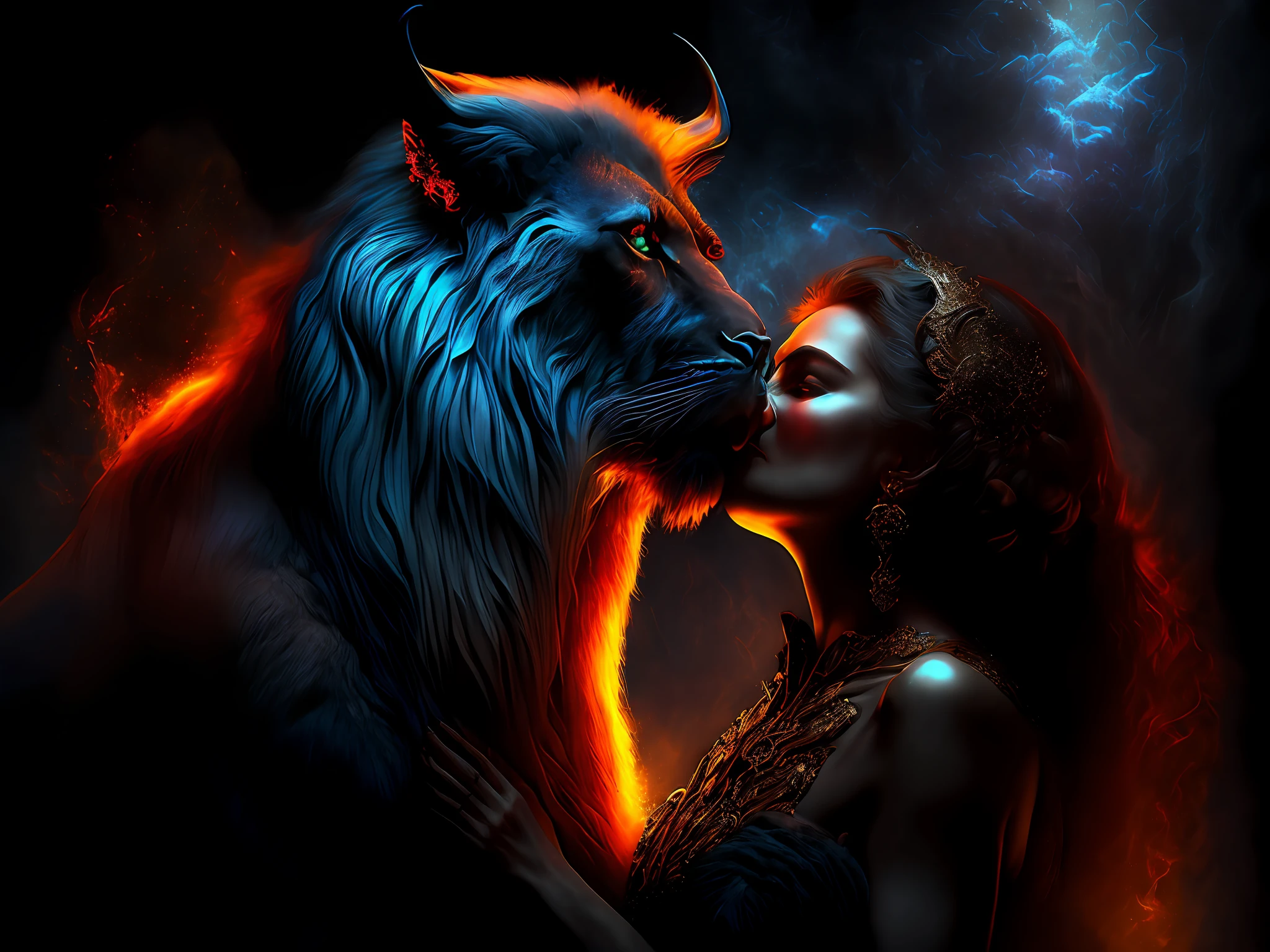 (beast embracing beauty:1.2),(dramatic lighting, perfect composition, high contrast),mystery, fantasy, fear and affection intertwined, dark background, emotional impact, high saturation, chiaroscuro