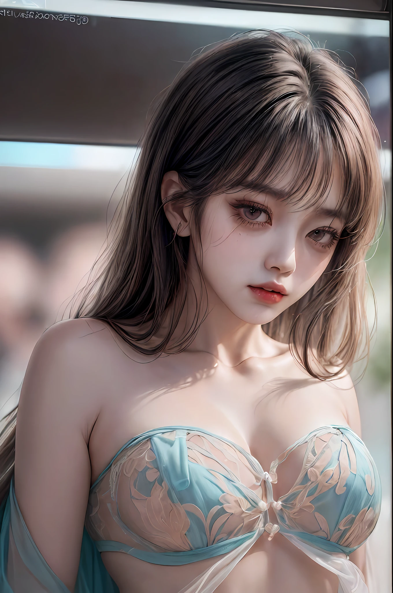 (best quality), (masterpiece), (highres), original, extremely detailed 8K wallpaper, (an extremely delicate), Best quality, masterpiece, (((disgusted and unhappy expression))), (((disgusted face, unhappy face))), angry Frown, ultra high res, (photorealistic:1.4), raw photo, street photography, photo of a Taiwanese young girl, She play with her own breasts, sweat, sweaty body, (sheer fabric:1.35)(loose:1.5)lace strapless dress, (((huge)saggy breasts)), (bare breasts), (((erect nipple))), ((areolas)), (Korean(kpop idol)), ((puffy eyes)), deep shadow, low key, cold light, deep contrast, bokeh, depth of field, below angle, low angle, (looking at viewer, softly smiling), a photo of a inside a subway, neoism, background crowds, people in backgrounds, ((upper body)), ((straight photo)), exposure blend, medium shot, bokeh, (hdr:1.4), high contrast, (cinematic, teal and orange:0.85), (muted colors, soothing tones:1.3), low saturation, (hyperdetailed:1.2), (nsfw:1.1),