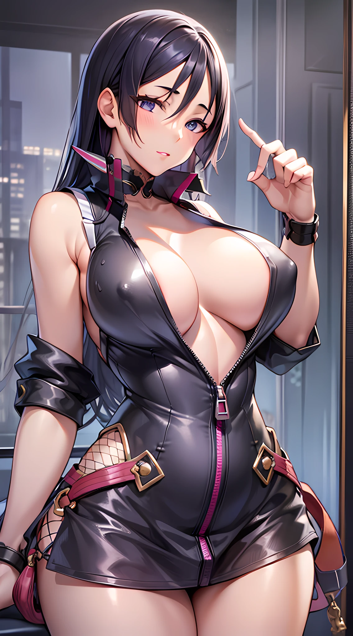 Masterpiece, highres, high Quality, detailed face, detailed body render, 1girl, solo, hinata-sleeveless-outfit, , big , sleeveless shirt, fishnet top, dark lips, unzipped jacket, no bra,  out, , standing, blushes, (on bedroom)