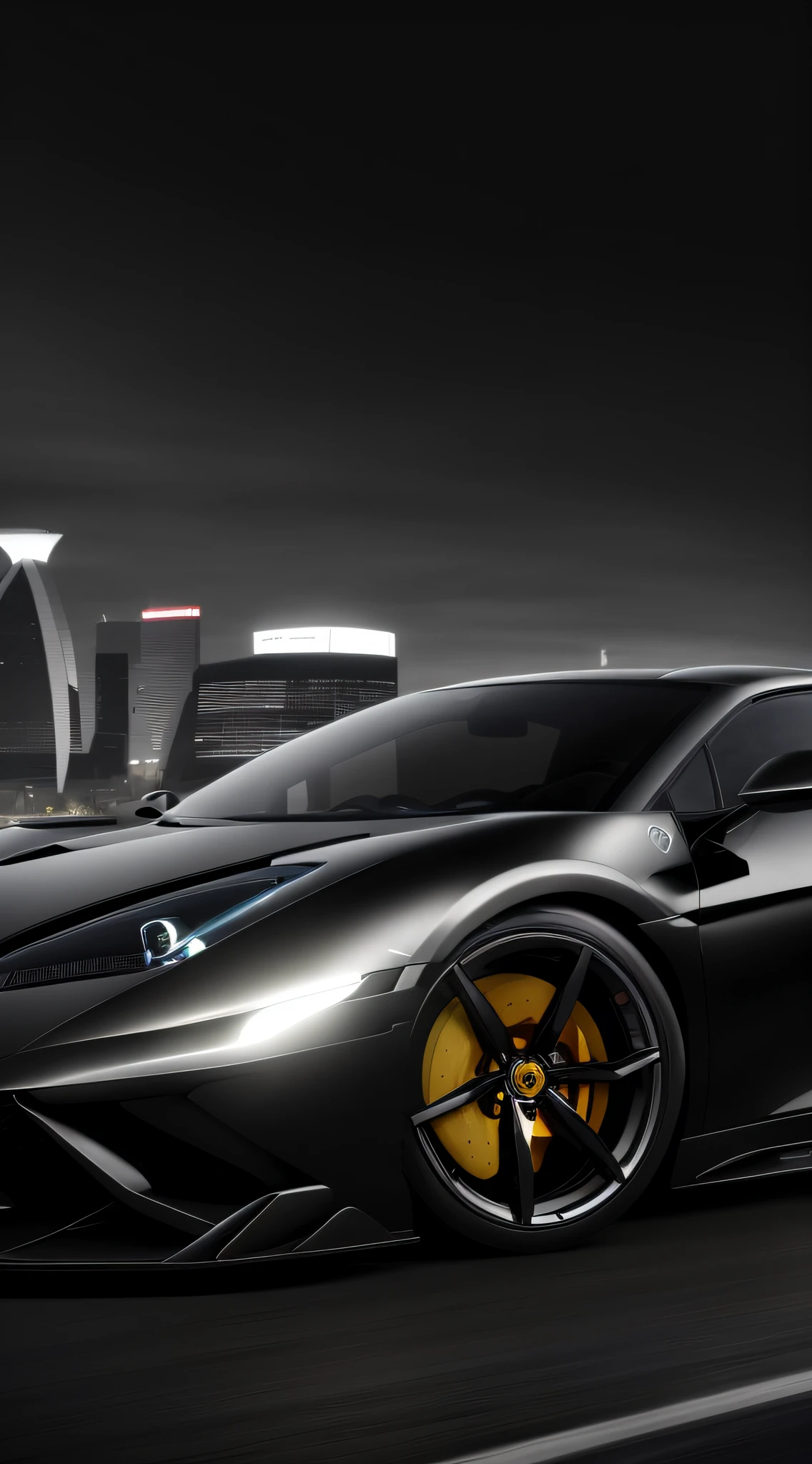 arafed black sports car driving on a highway with a city in the background, lamborghini, wallpaper background, with sleek lines and a powerful, bold lamborghini style, vehicle photography, automotive photography, cinematic front shot, portrait shot, supercar, octagon render 8k, black car, futuristic product car shot, desktop background, sportcar, best on adobe stock