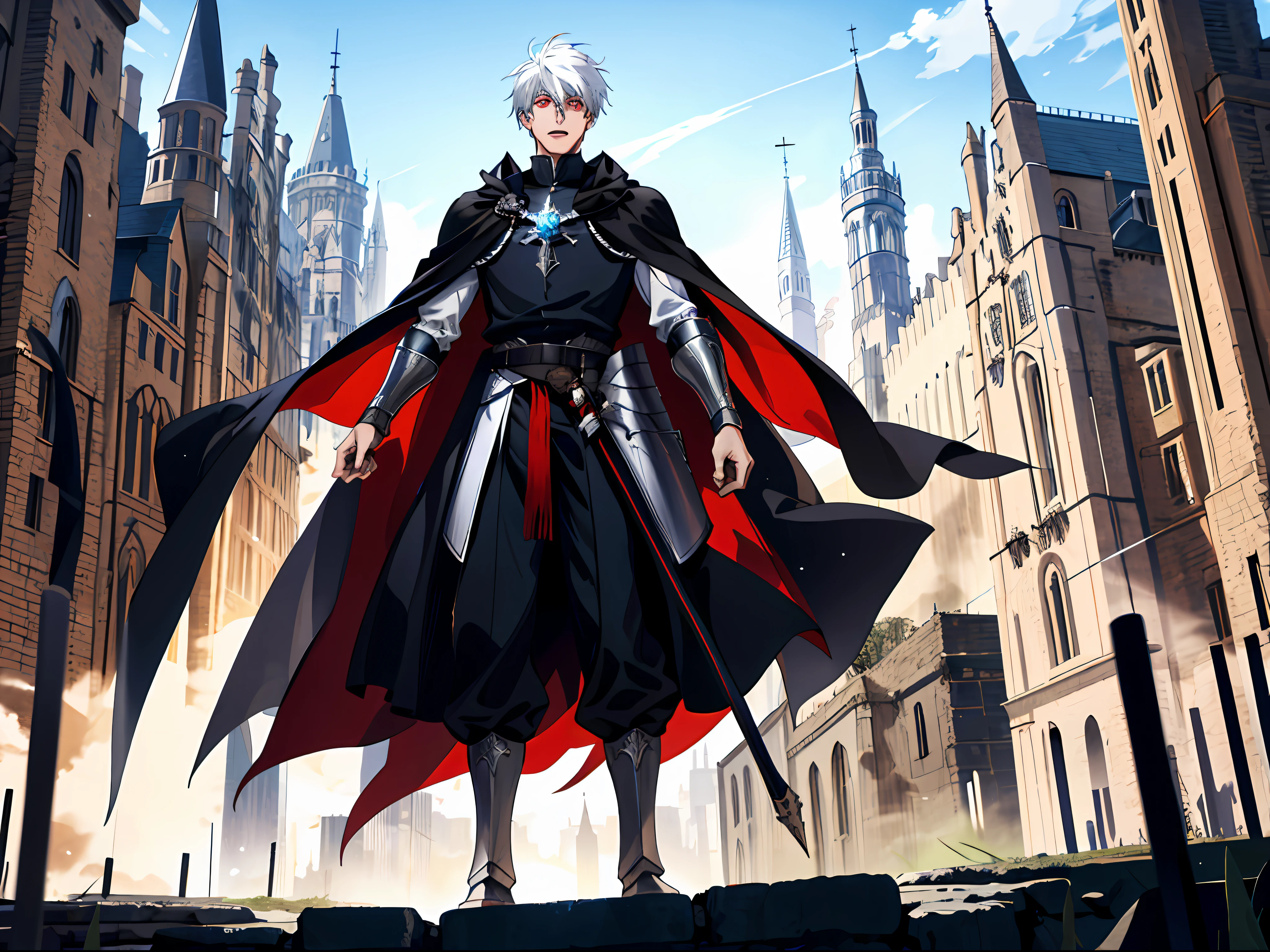 (ridiculous, high resolution, super detailed), (panorama), (1 male), tall, wearing silver armor, black cape, red eyes, short white hair, medieval style, square, crowd, open mouth, town, streamer, magic flow, standing on stage, blue sky