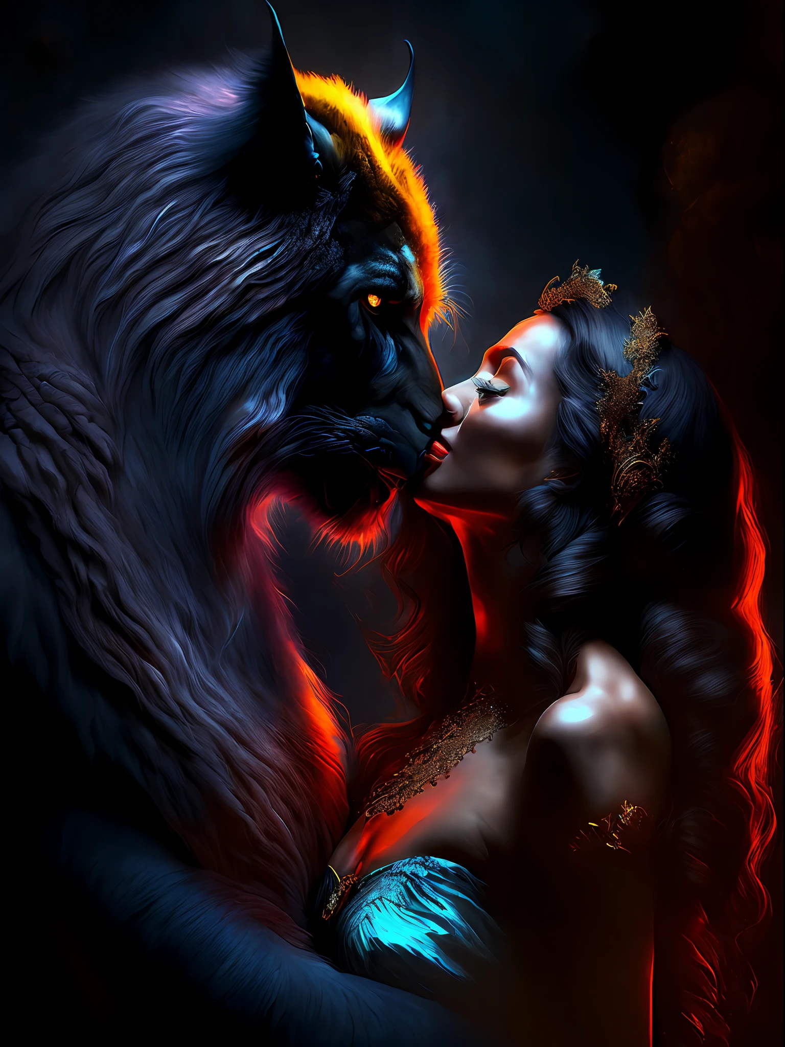 (beast embracing beauty:1.2),(dramatic lighting, perfect composition, high contrast),mystery, fantasy, fear and affection intertwined, dark background, emotional impact, high saturation, chiaroscuro