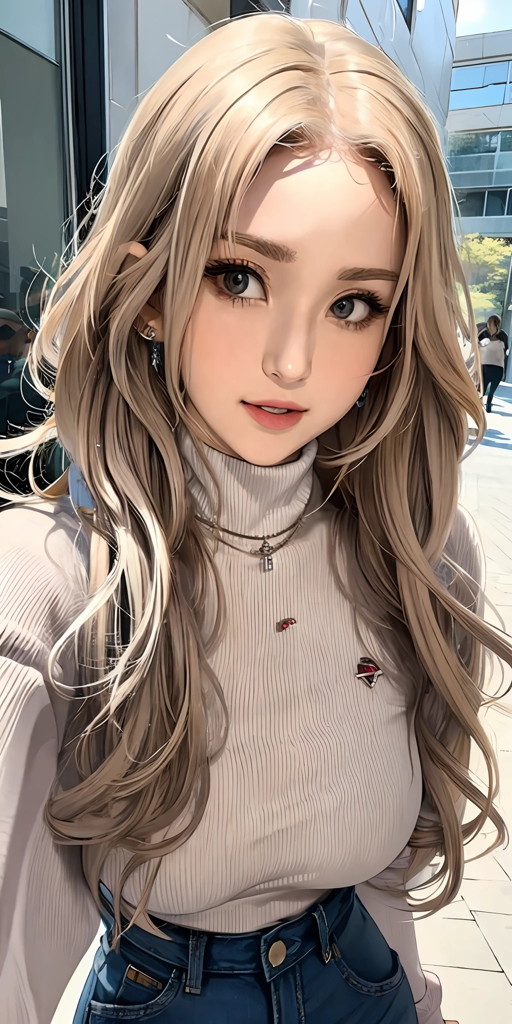 (masterpiece, best quality), beautiful woman, cute turtleneck top, jeans, wavy hair, asymmetrical bangs, perfect face, beautiful face, alluring, big gorgeous eyes, soft smile, perfect slim fit body, downtown, seoul, bright colors