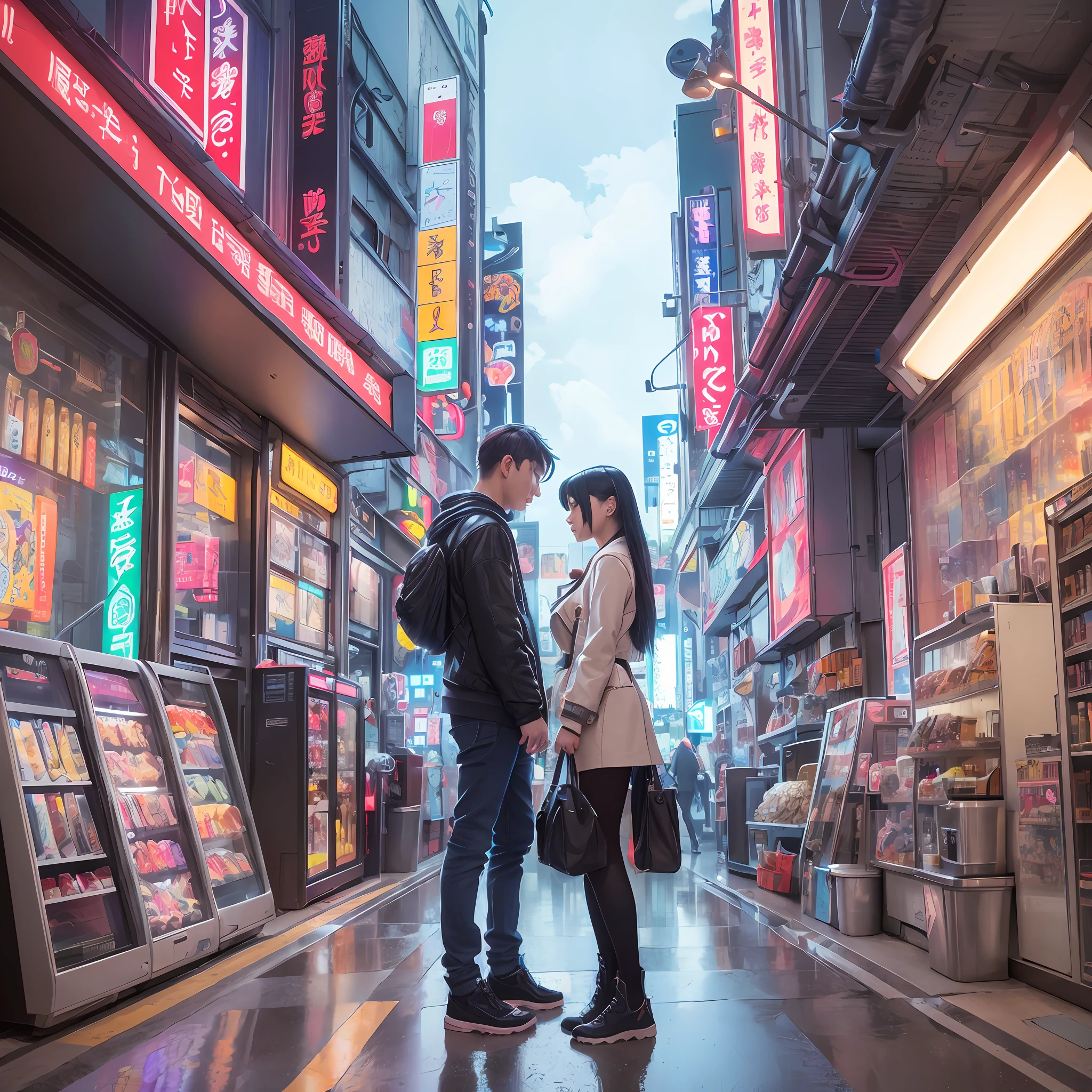 (best quality:1.2), a couple of people standing in front of a vending machine, cyberpunk art by Yuumei, trending on pixiv, fantastic realism, guweiz and makoto shinkai, tokyo , sakimichan and makoto shinkai, ross tran and makoto shinkai, artwork in the style of guweiz, nostalgic melancholic artwork