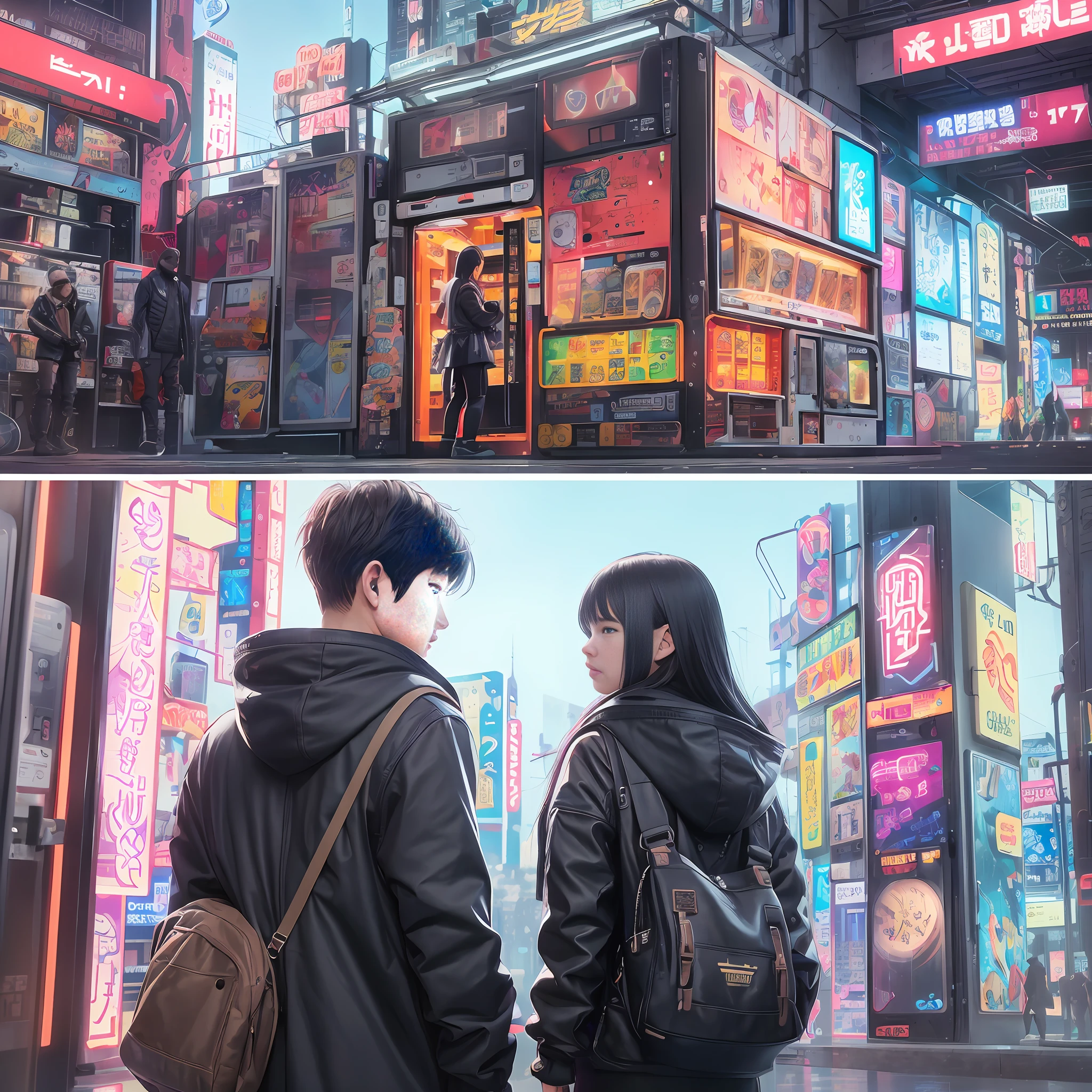 (best quality:1.2), a couple of people standing in front of a vending machine, cyberpunk art by Yuumei, trending on pixiv, fantastic realism, guweiz and makoto shinkai, tokyo , sakimichan and makoto shinkai, ross tran and makoto shinkai, artwork in the style of guweiz, nostalgic melancholic artwork