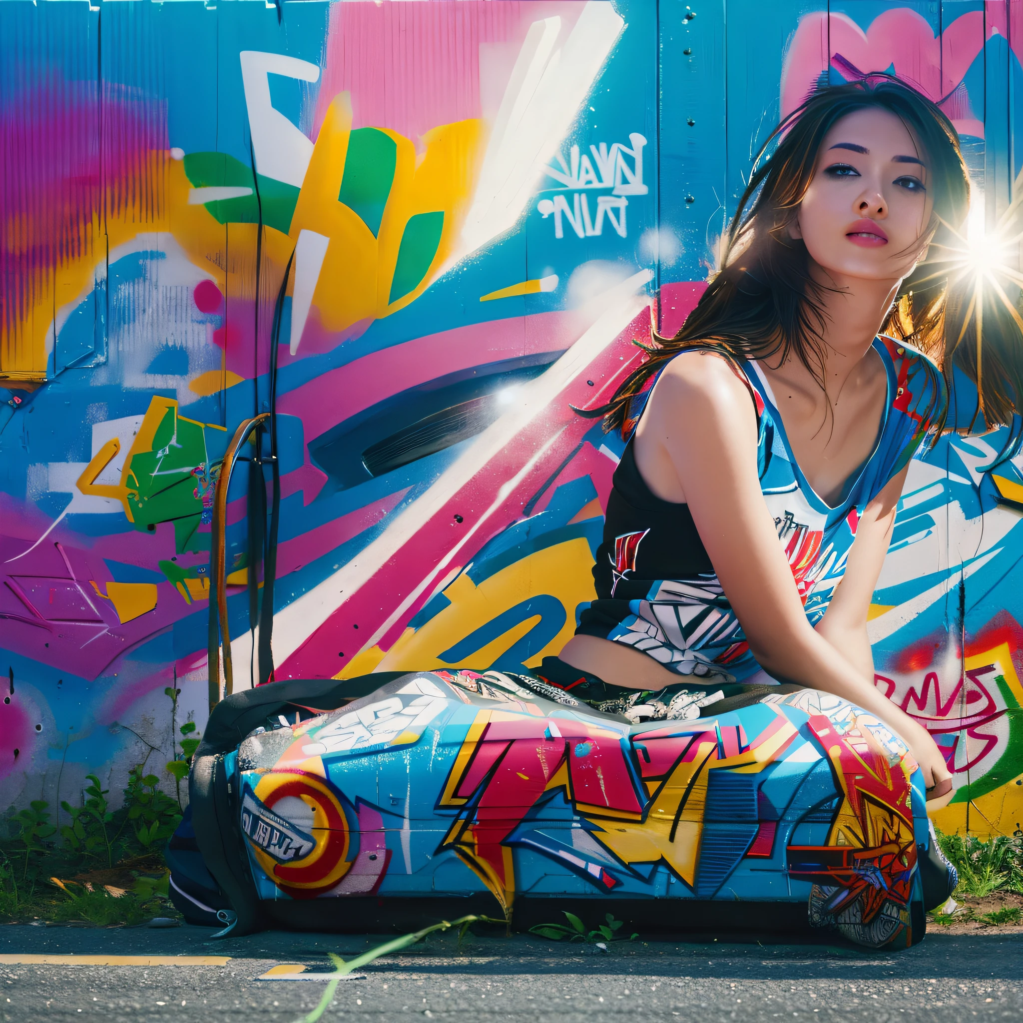 8k, RAW photography, best quality, ultra high definition, photorealistic, wall, graffiti art, art, spray, movie lighting, depth of field, lens flare