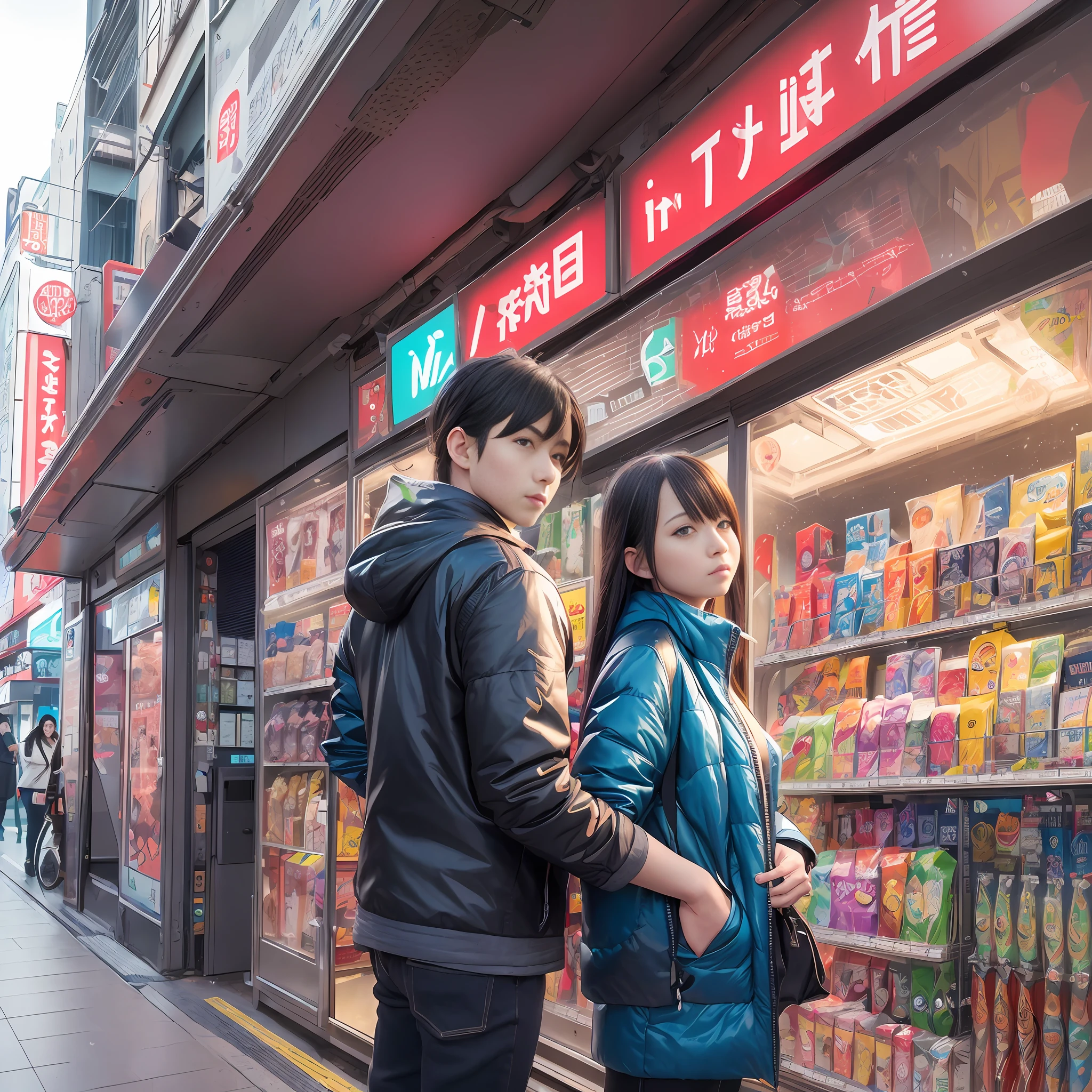 (best quality:1.2), a couple of people standing in front of a vending machine, cyberpunk art by Yuumei, trending on pixiv, fantastic realism, guweiz and makoto shinkai, tokyo , sakimichan and makoto shinkai, ross tran and makoto shinkai, artwork in the style of guweiz, nostalgic melancholic artwork