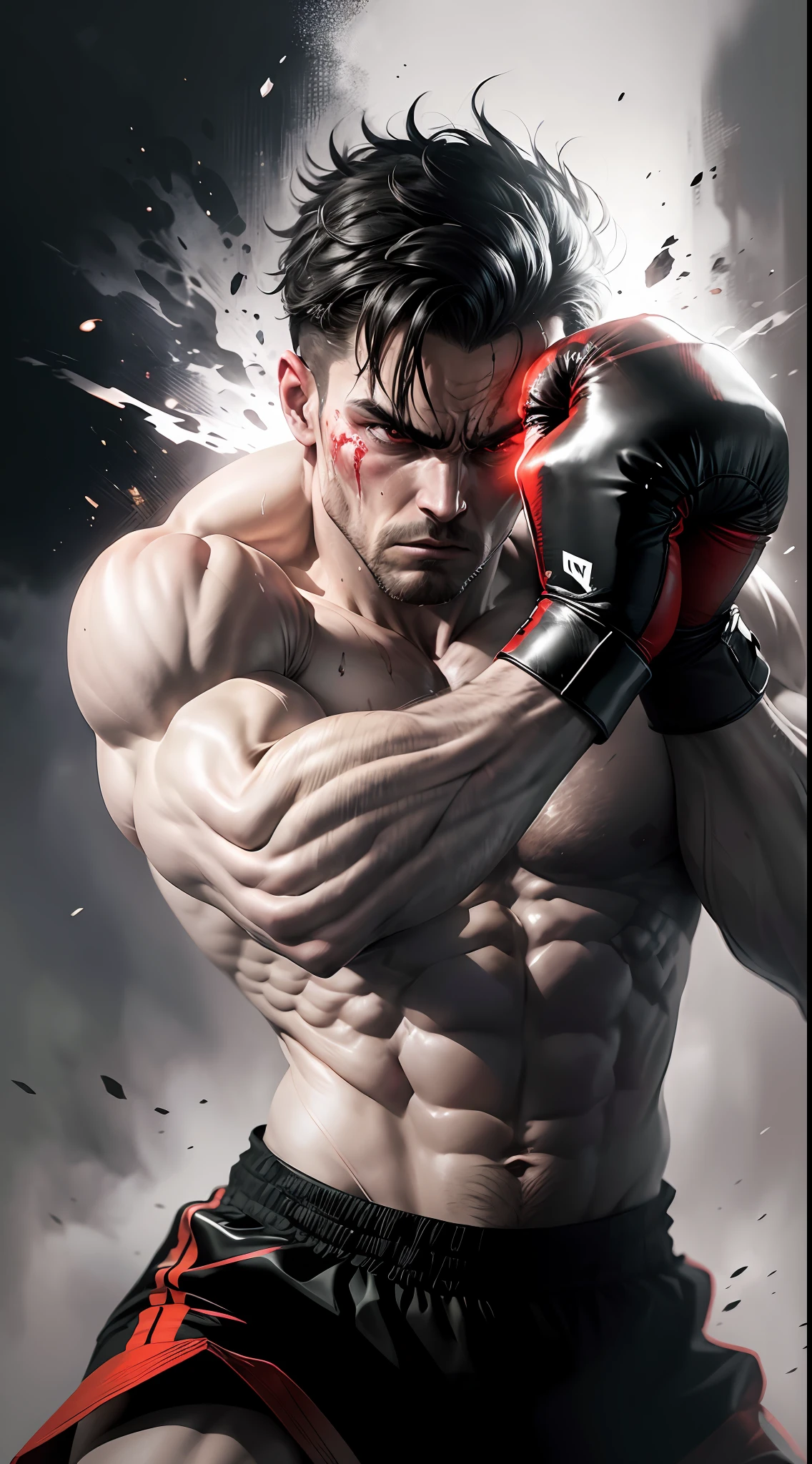 (best quality) Man boxing wallpapers, (dark and gritty), (high contrast), (dramatic lighting), (intense and emotional), (dynamic action shot), (close-up on fists), (sweat and blood), feeling the power