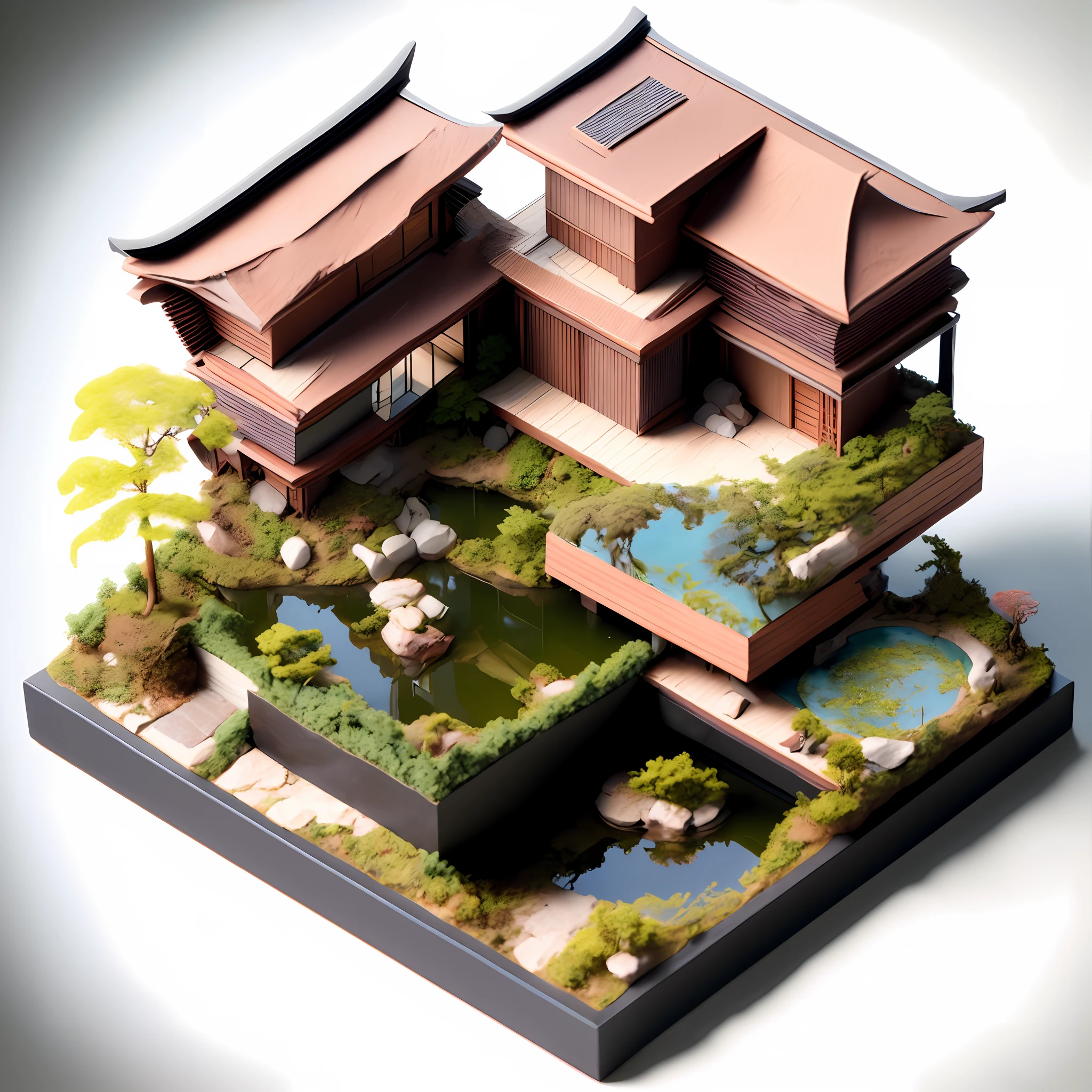 photo, a model of a cyberpunk japanese style house with a pond