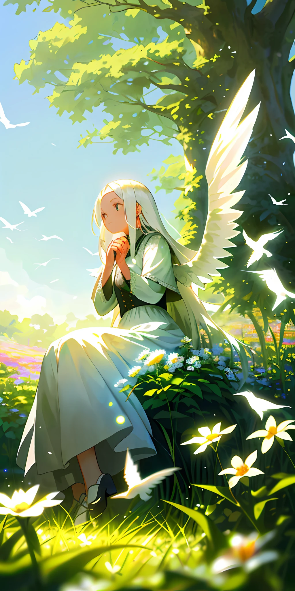 (Masterpiece, best quality), 1 long girl with white hair sitting in a field of greenery and flowers, her hands under her chin, warm light, white dress, blurred foreground, bird, wings, witch