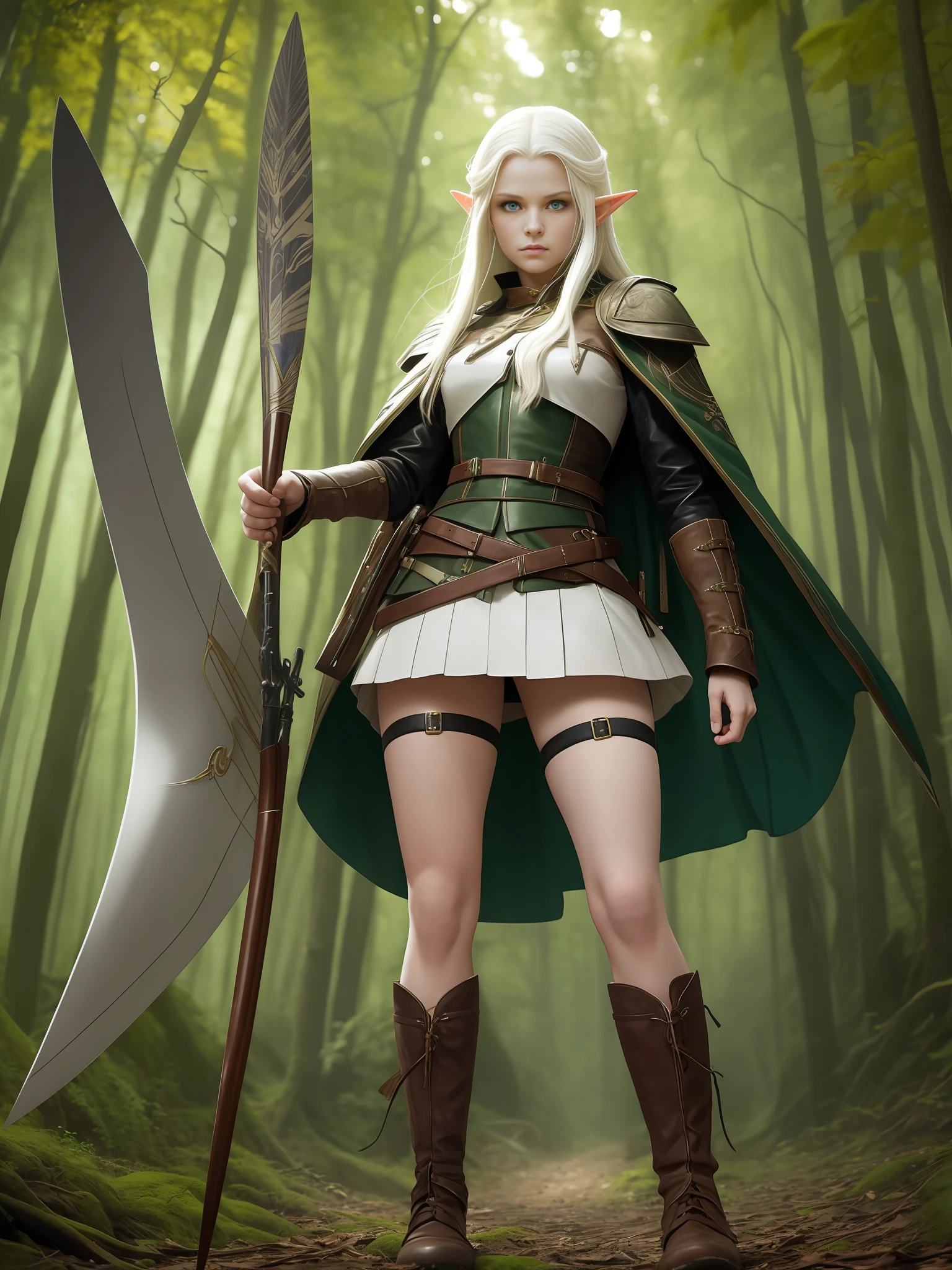 full body shot, a militantly sexy and stunningly beautiful long-haired green-eyed albino elf in a beautiful leather ultra-short skirt and a jacket with deep open cuts stands against the background of a forest thicket on a forest alley, shod in short boots, her legs are bare to panties, a quiver with arrows sticks out from behind her shoulder holding a bow in his hands, back light the sun's rays through the foliage of trees, front soft light filling, beautiful chiaroscuro on the body, shallow depth of field, high detail, clear focus, detail focus, photorealism, tranding on artstation, mark ryden style --auto --s2