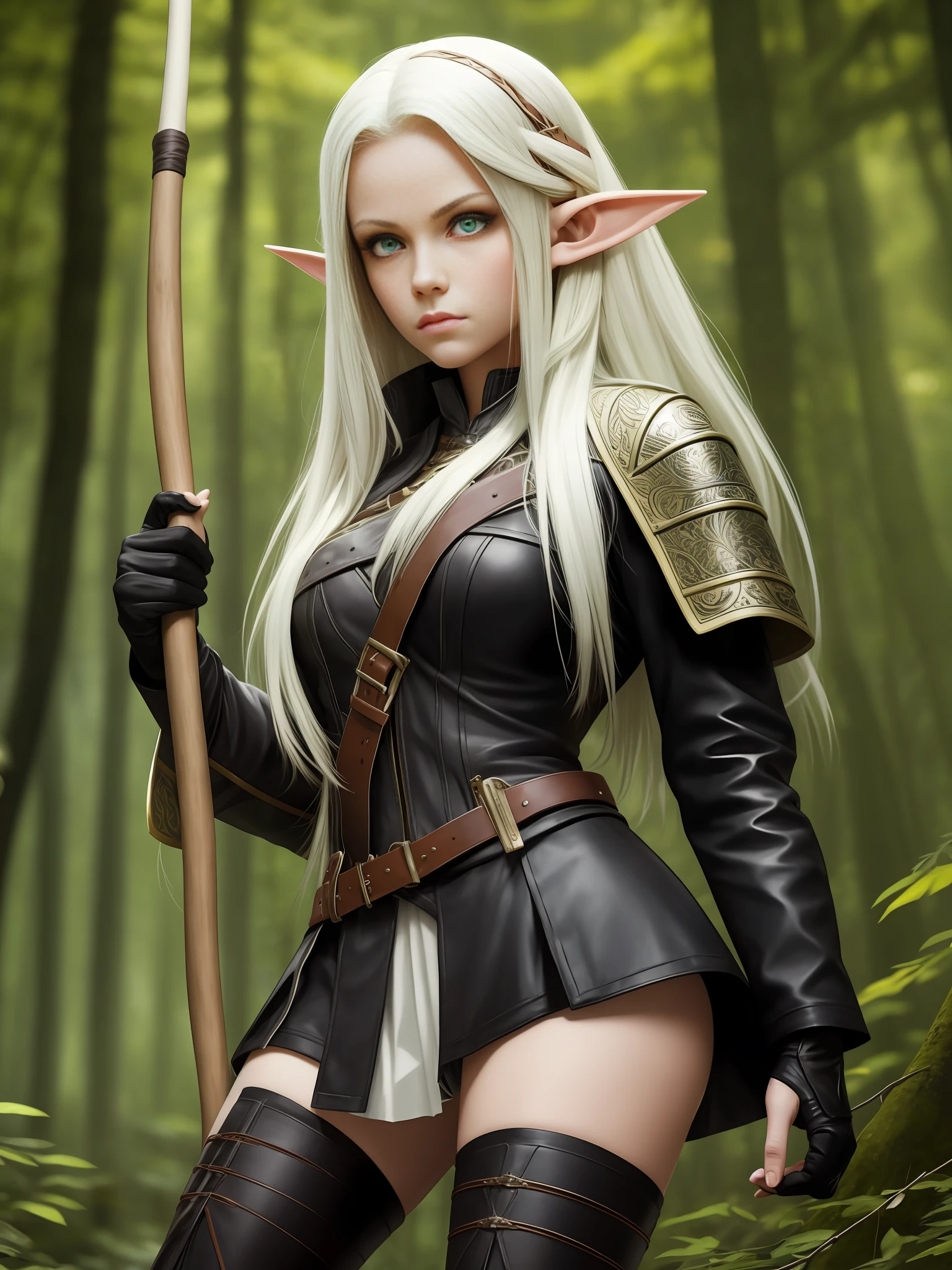 full body shot, a militantly sexy and stunningly beautiful long-haired green-eyed albino elf in a beautiful leather ultra-short skirt and a jacket with deep open cuts stands against the background of a forest thicket on a forest alley, shod in short boots, her legs are bare to panties, a quiver with arrows sticks out from behind her shoulder holding a bow in his hands, back light the sun's rays through the foliage of trees, front soft light filling, beautiful chiaroscuro on the body, shallow depth of field, high detail, clear focus, detail focus, photorealism, tranding on artstation, mark ryden style --auto --s2