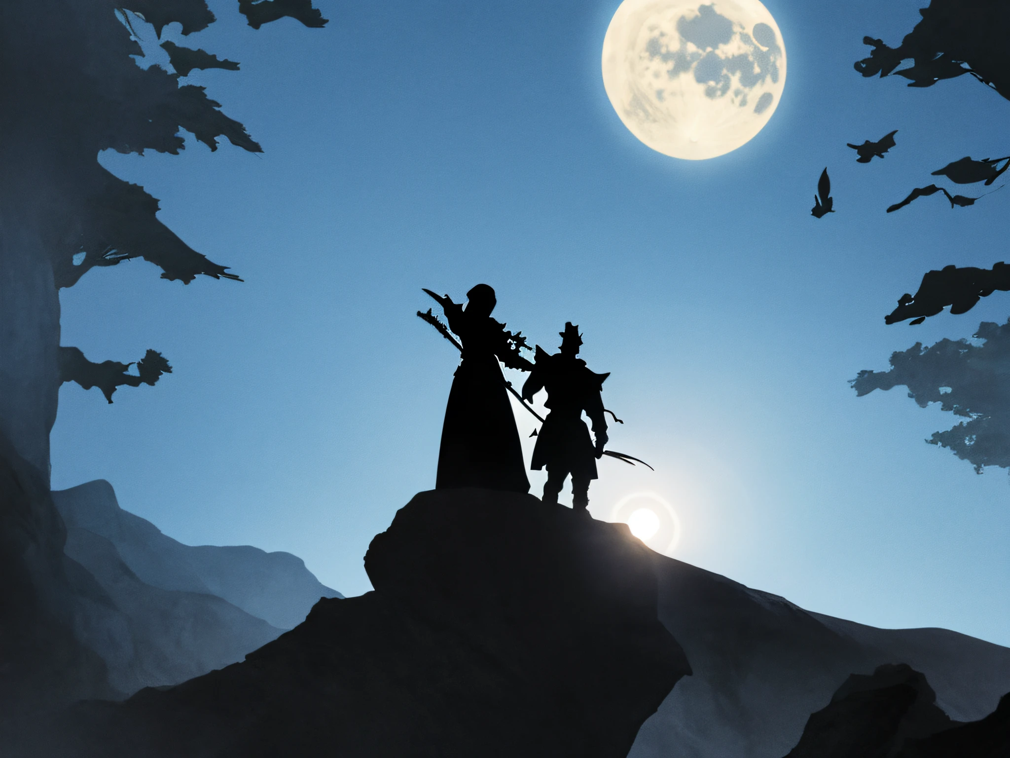 2 men in armor standing on a cliff, moon in background, bold line art, figures fighting in the distance, people on the right pinching the neck of the person on the left, silhouette effect, silhouette effect under the light of the moon, ink silhouette, battle scene, close-up is leaves and books, silhouette effect is produced in the light of the moonlight, silhouette, silhouette