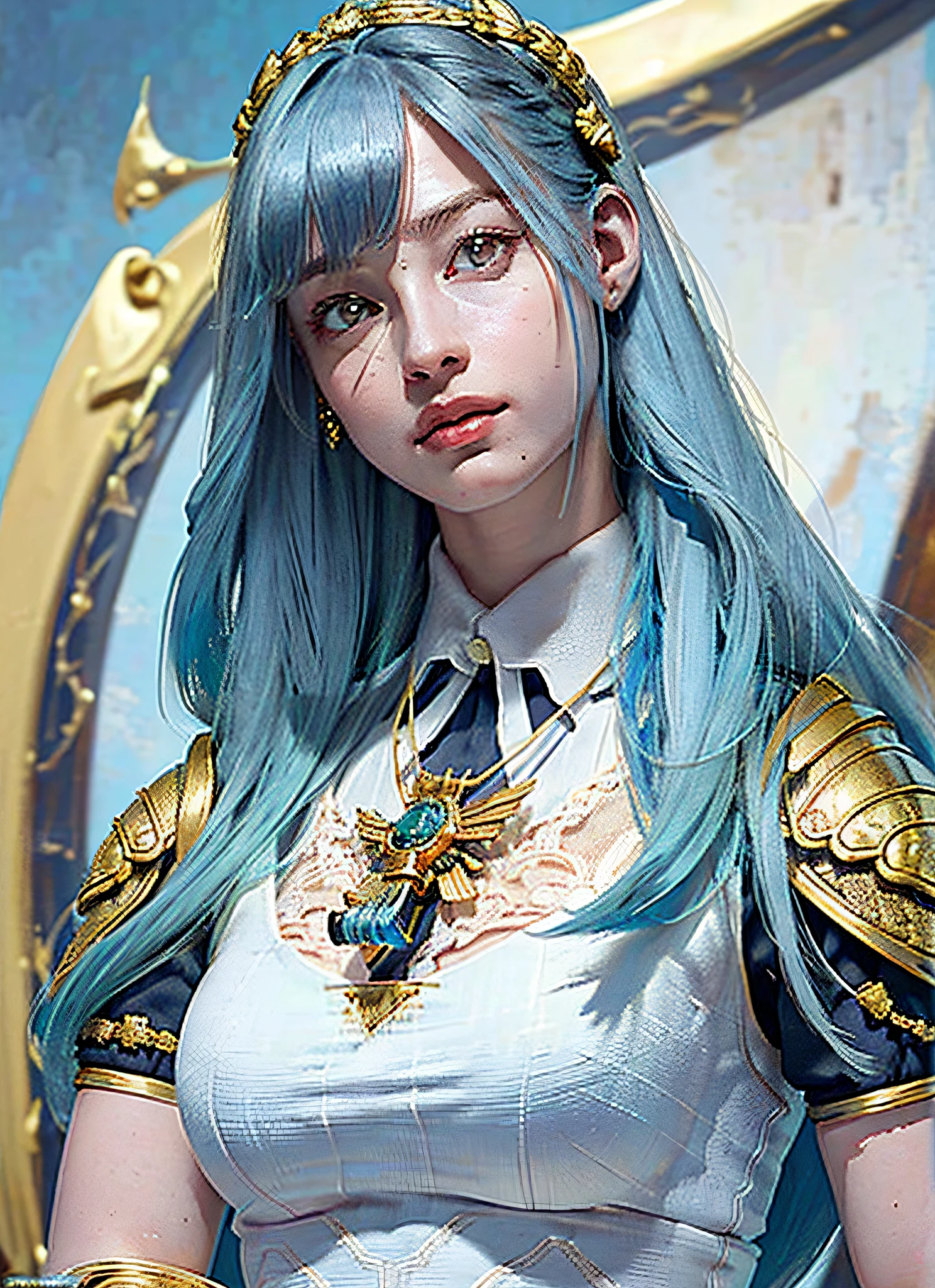 (Realistic, Portrait: 1.3), Complex Details, Big, Sexy Swimsuit, (Ultrareal), (Illustration), (High Resolution), (8K), (Very Detailed), (Best Illustration), (Beautiful Detailed Eyes), (Best Quality), (Ultra Detailed), Intricate Detail Jewels (Detailed Women's Armor: 1.3), (Gorgeous Gold Armor: 1.3), 1 Girl, Solo, Long Hair, Wind, Gorgeous Face, Top quality, masterpiece, maximum detail, diffused lighting, (blue hair: 1.3), Valhalla Valkyrie, mechanical arm,