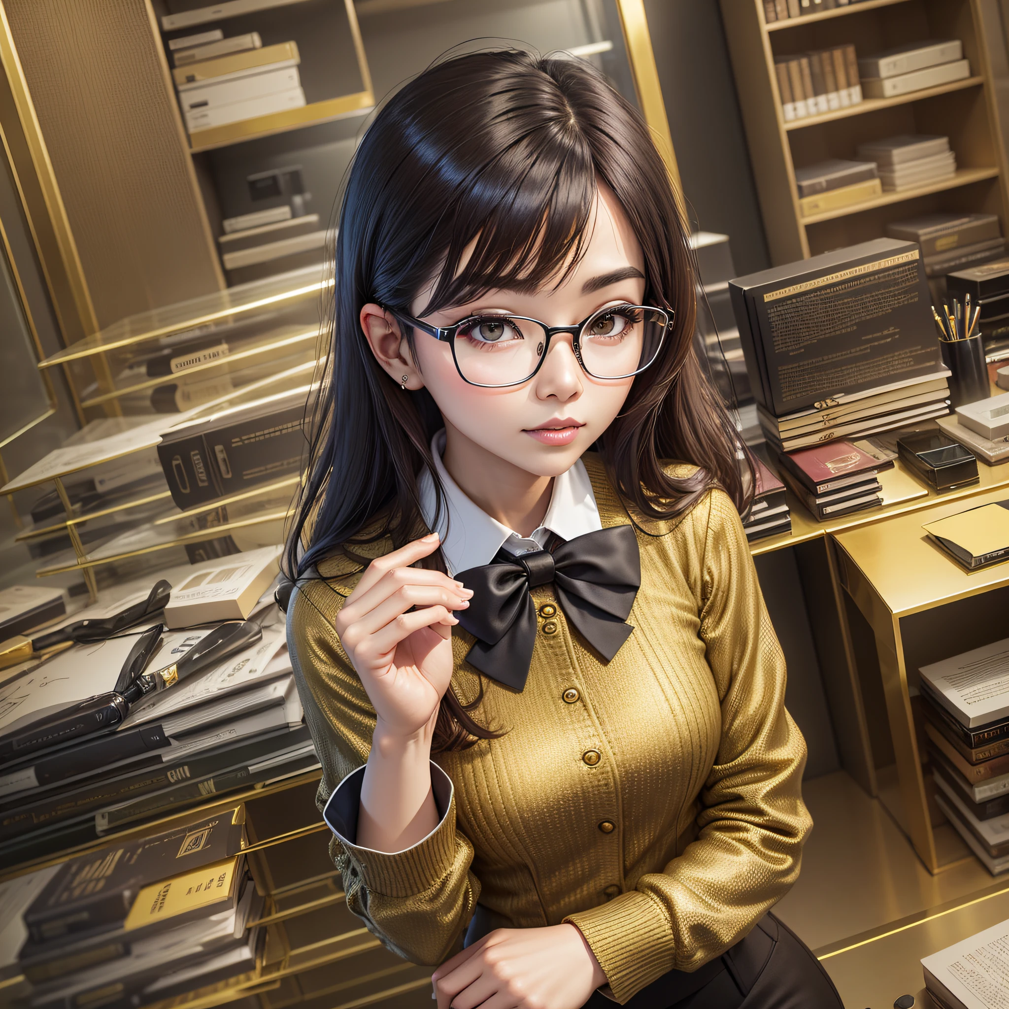Standing, ultra-short group, gold wire glasses, office professional wear, beauty --auto --s2