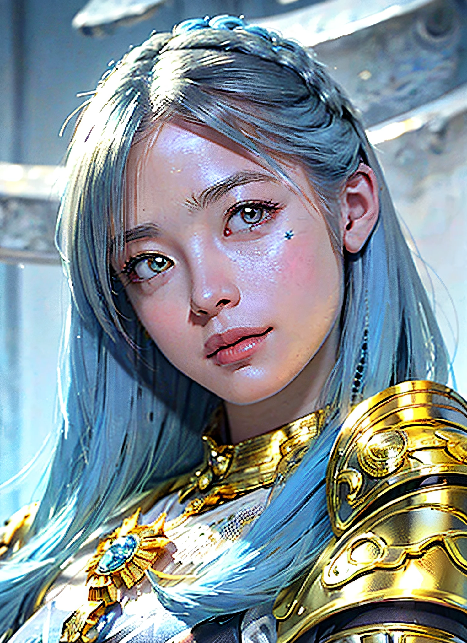 (Realistic, Portrait: 1.3), Complex Details, Big, Sexy Swimsuit, (Ultrareal), (Illustration), (High Resolution), (8K), (Very Detailed), (Best Illustration), (Beautiful Detailed Eyes), (Best Quality), (Ultra Detailed), Intricate Detail Jewels (Detailed Women's Armor: 1.3), (Gorgeous Gold Armor: 1.3), 1 Girl, Solo, Long Hair, Wind, Gorgeous Face, Top quality, masterpiece, maximum detail, diffused lighting, (blue hair: 1.3), Valhalla Valkyrie, mechanical arm,