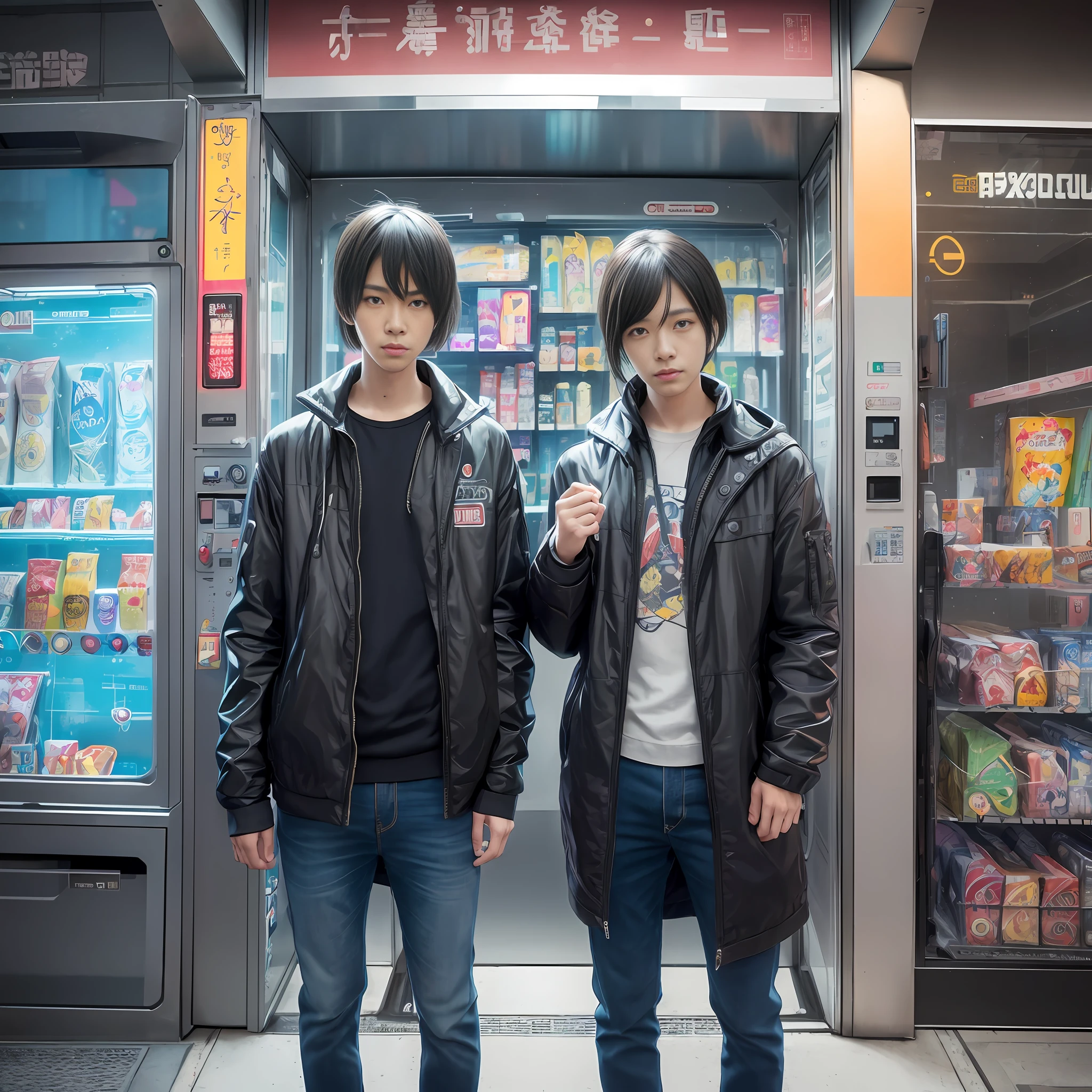 (best quality:1.2), a couple of people standing in front of a vending machine, cyberpunk art by Yuumei, trending on pixiv, fantastic realism, guweiz and makoto shinkai, tokyo scene, sakimichan and makoto shinkai, ross tran and makoto shinkai, artwork in the style of guweiz, nostalgic melancholic artwork