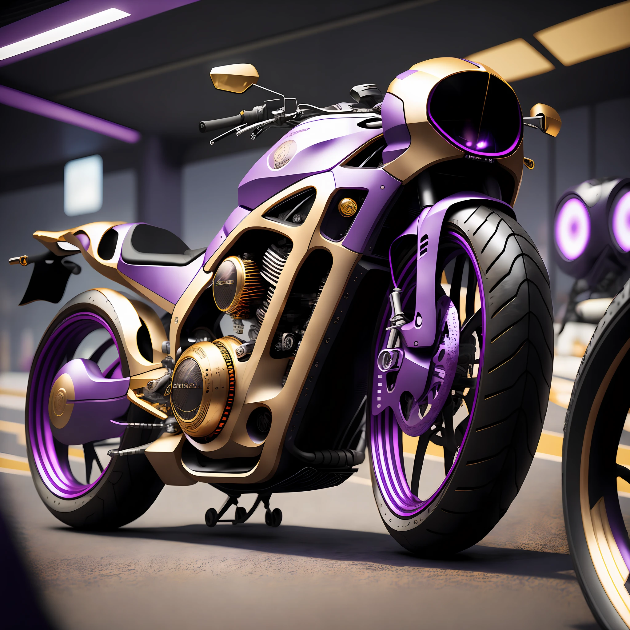 purple and gold motorcycle parked in a parking garage with other motorcycles, cycles 3 d render, cycle render, 8k octane 3d render, cycles4d render, cycles render 4k, daniel maidman octane rendering, rendered in cinema 4 d octane, 8 k octane detailed render, hyper detailed 3d render, hyper detailed 3 d render, 3d high octane render