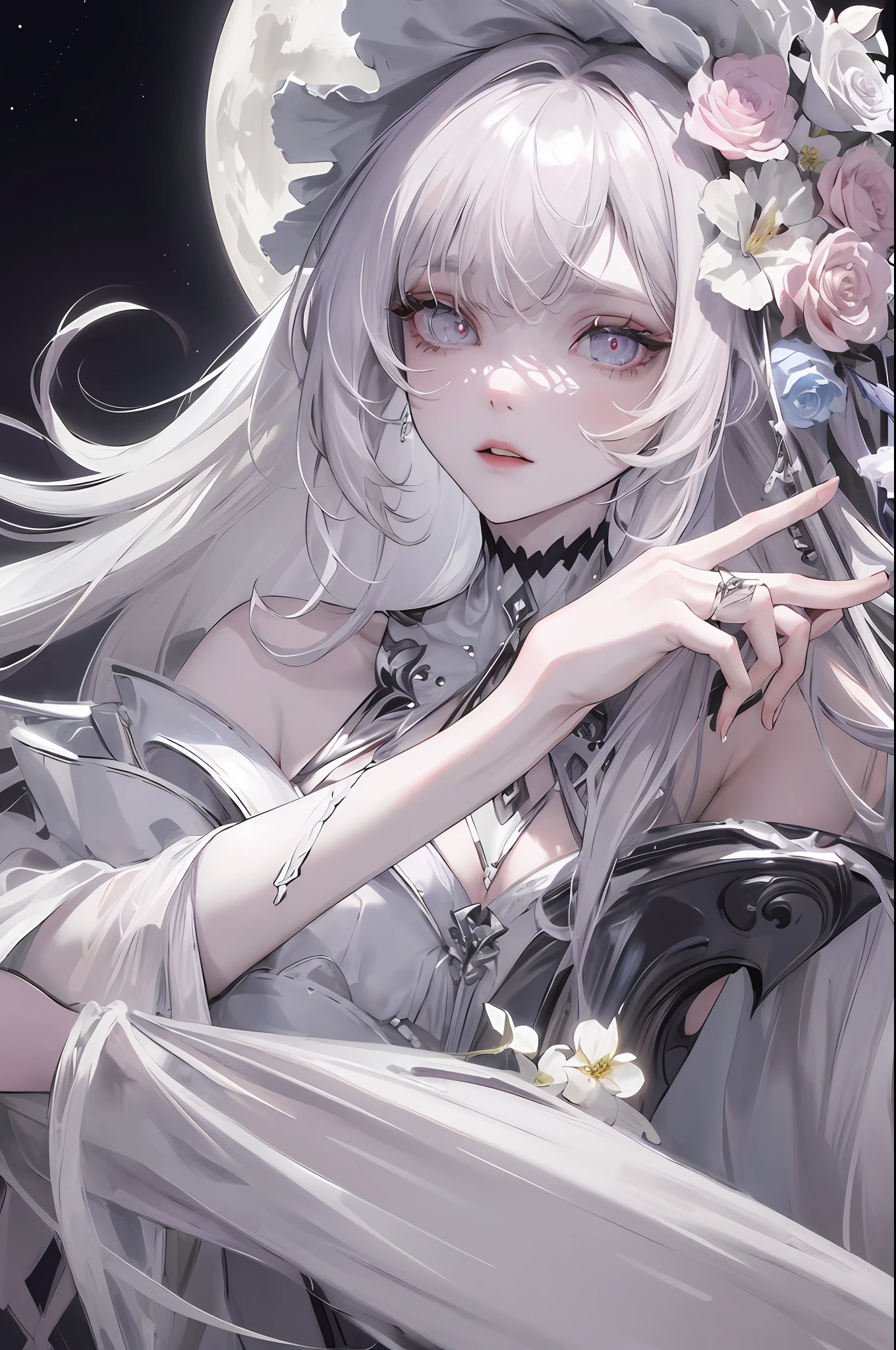 masterpiece, best quality, night, full moon, one girl, mature woman, pitying look, silvery-white long-haired woman, pale pink lips, calm, intelligent, three bands,precise gray pupil, sorrow-assassin, short knife, flower ball background, hand details, finger details, face details, eye details,