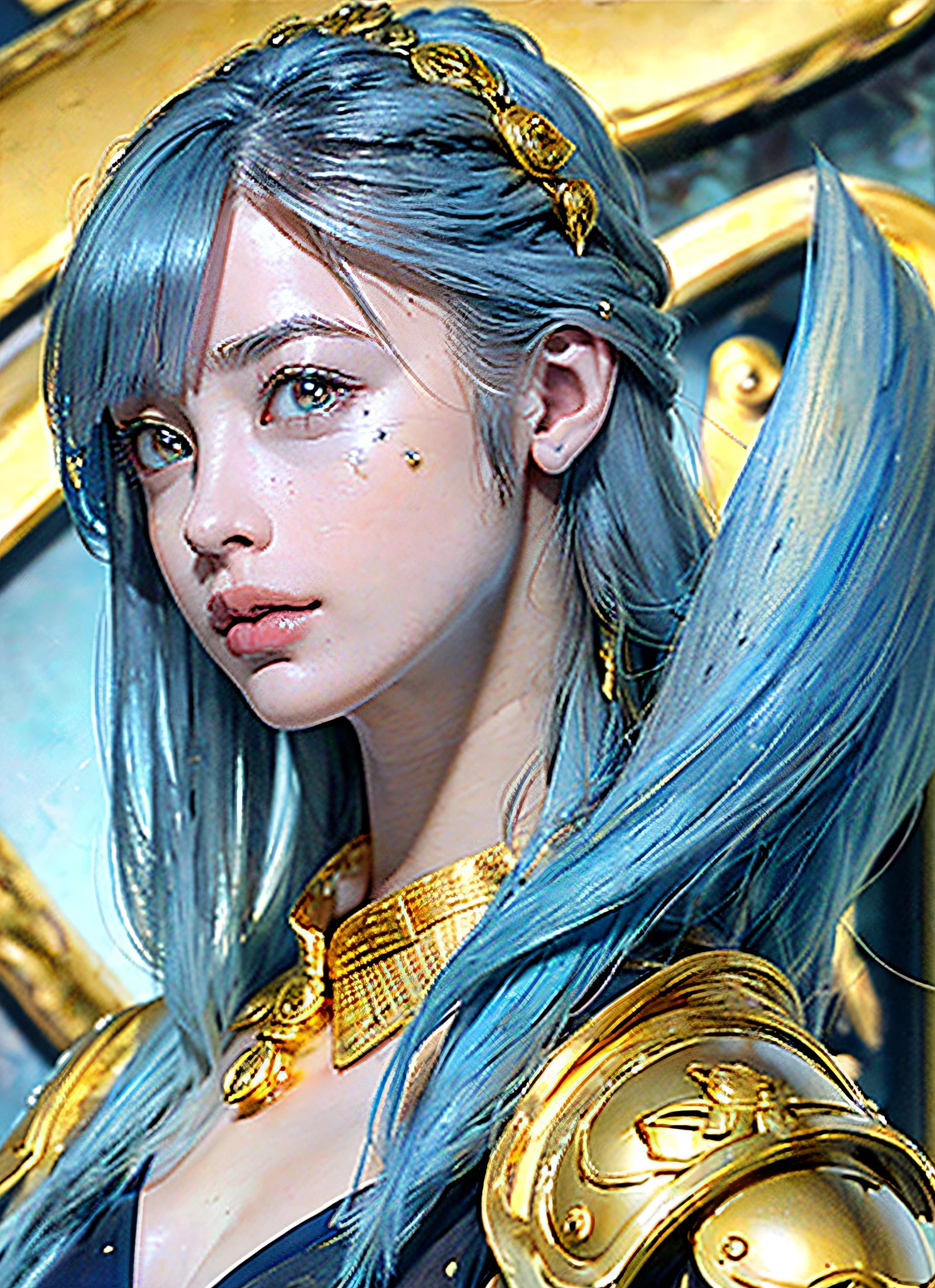 (Realistic, Portrait: 1.3), Complex Details, Big, Sexy Swimsuit, (Ultrareal), (Illustration), (High Resolution), (8K), (Very Detailed), (Best Illustration), (Beautiful Detailed Eyes), (Best Quality), (Ultra Detailed), Intricate Detail Jewels (Detailed Women's Armor: 1.3), (Gorgeous Gold Armor: 1.3), 1 Girl, Solo, Long Hair, Wind, Gorgeous Face, Top quality, masterpiece, maximum detail, diffused lighting, (blue hair: 1.3), Valhalla Valkyrie, mechanical arm,