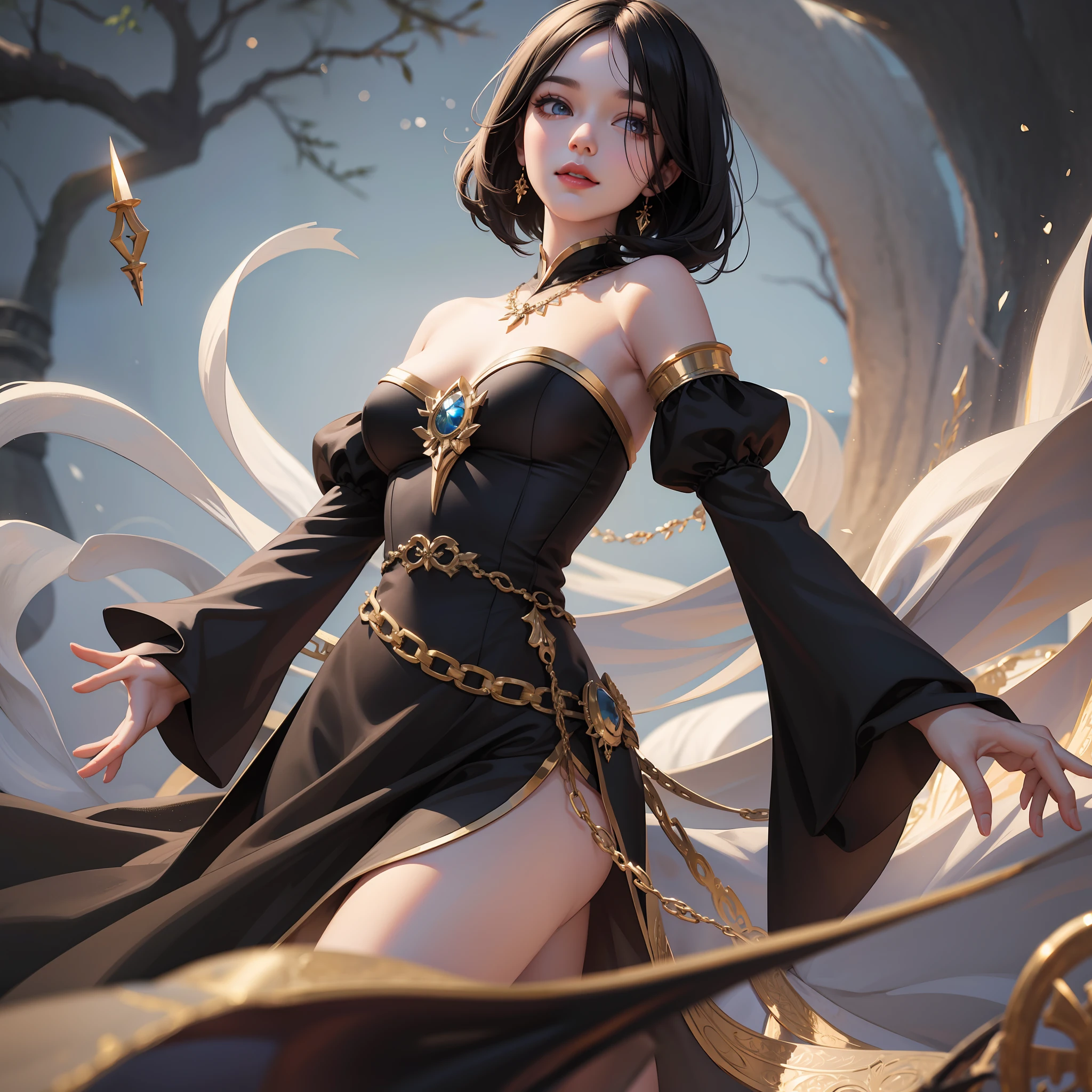(masterpiece) 8K resolution, snow white, beauty, black bob hair, gentle smile, fantasy style,