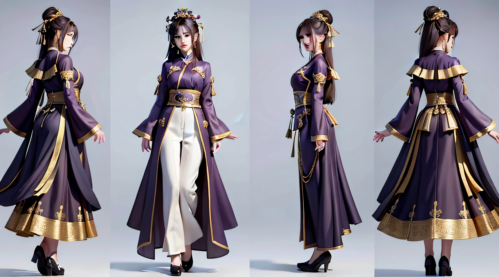 masterpiece, extremrly detailed CG Unity 8K wallpaper, 1girl, beautiful, realistic, brown_hair, long_hair, jewelry, Chinese style clothes, black hair,Purple clothes,Same Clothes, white background, Multiple views of the same character in the same outfit, MODELSHOOT STYLE, charturnbetalora