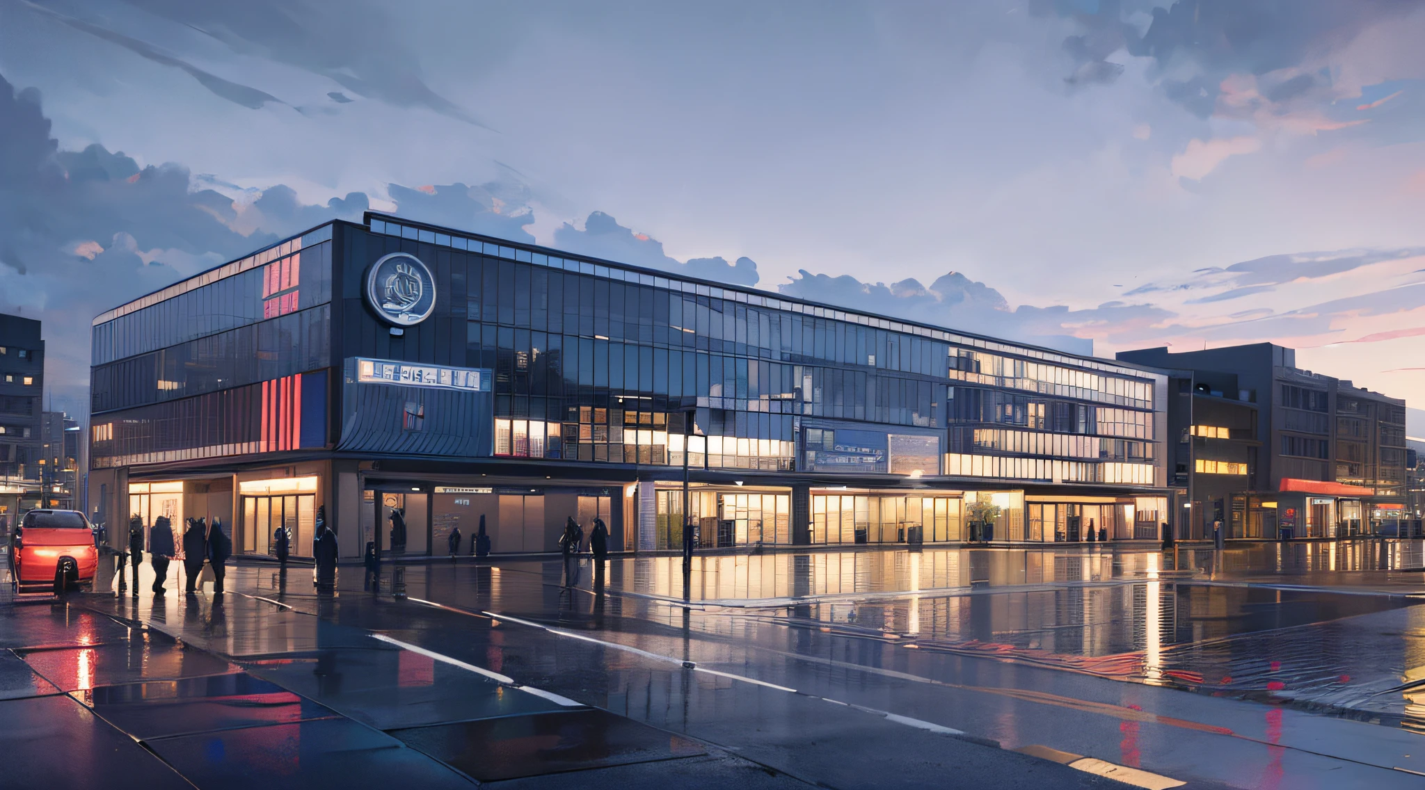 I want a hyper-realistic rendering of the night view of the outdoor building To show the grandeur of the building, the building should have curtain walls and lights, the building should be on the coast, the weather is rainy, pedestrians and vehicles also need umbrellas on the road. Photo gallery rendering, 8K professional lighting, high quality --auto --s2