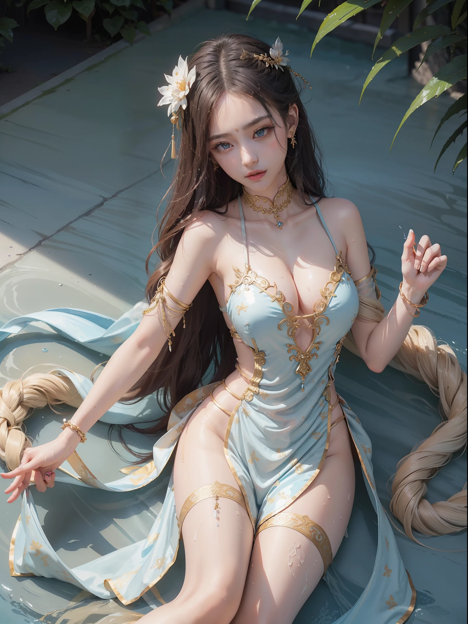 A Buddhist Bodhisattva Girl, (Masterpiece, Top Quality, Best Quality, Official Art), (KPOP idol), (Super Long Hair, Messy Long Flowing Hair, Light Blue Long Hair), Delicate Jewelry, Delicate Bracelet, Delicate Hair Ornament, High Feeling, Aperture on the Back, Fairy Fluttering, Looking Up View, Bare Feet, Golden Bracelet on Ankle, Ancient Chinese Costumes, (Conservative Clothes), (Gorgeous Silk, Flowing Tulle, Flying Silk Around), dazzling background, Golden aperture on the back, gold Falun in the back, best light, best shadow, movie lighting, mystery, background pure black with ring aperture, ultra HD, 8k, fair skin, Wolp_style, duhuang_style, upper body close-up, detailed face, (sideways: 1.5), (big eyes: 1.3, long eyelashes, delicate makeup, blush) 28 years old, 1girl, dressed decently, super long clothes, one leg on the ground, left hand to do bergamen on chest, The other is raised above the head to do bergamot, surrealism, photo, realistic, {(surfacing from a clear pool, (body surrounded by splashes: 2.0), splashes, water ripples)}, (wet clothes: 1.5) (wet body: 3.0), (wet hair: 1.5)}, medium chest, 48KG weight, smooth skin, light blue pupils, detailed eye painting, (super white skin, supple skin), (face focus, bend over to look at the camera, capture), light hitting the face