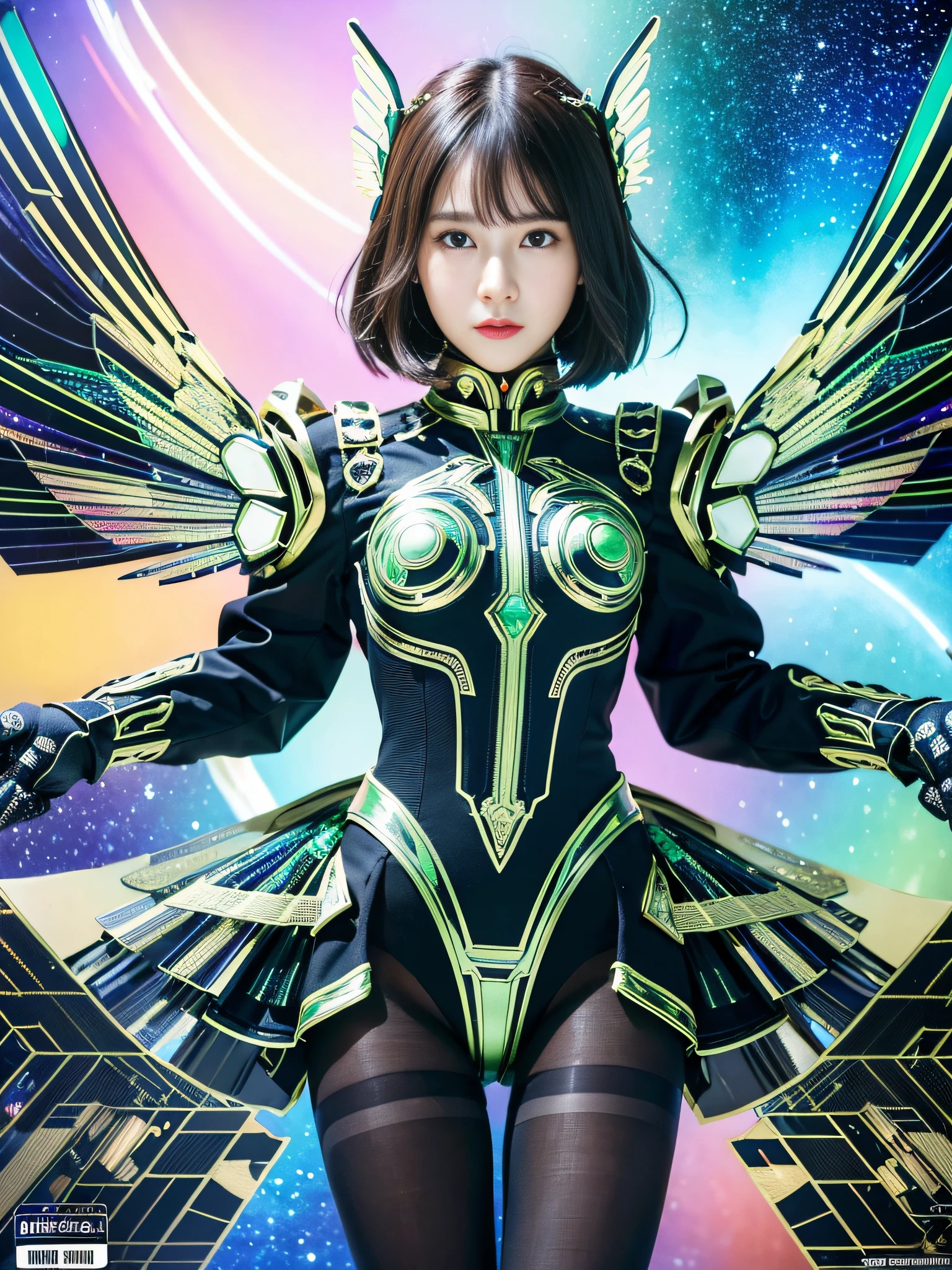 (((masterpiece))), (((best quality))), ((ultra-detailed)), ((extremely detailed CG unity 8k wallpaper)), (1girl) aqua left eye and green right eye, (short blue hair), (gradient to green), (transformed by machinery), knee robot joints, (((black pantyhose))), (white cloth),(artificial torso) ,(short skirt) black gloves with, high-heel shoes,{{mecha musume}},{{mechanical wings}}, {{mechanical legs}},((galaxy background)),((metal wings)),((close mouth)),ray tracing,(ray tracing,{highres}, original, {an extremely delicate and beautiful},,incredibly_absurdres,colorful,intricate detail,artbook,),Floating Cannon in the back,((glowing eyes)),(((beautiful detailed eyes))),,
masterpiece, best quality, best perspective, ultra-detailed and intricate, extremely delicate and beautiful, best quality light, (ray tracing:1.1), anti-aliasing,
realistic,photorealistic,award-winning illustration,(intricate details:1.2),(delicate detailed) (intricate details),(cinematic light,best quality Backlights),clear line,sharp focus,official art,unity 8k wallpaper,absurdres,incredibly absurdres,huge filesize,ultra-detailed,highres,extremely detailed extremely delicate and beautiful,RAW photo, professional lighting,dynamic lighting,light on the face,depthoffield,solofocus,
detailed eyes,beautiful eyes,real face,real skin,realistic face,realistic skin,detailed eyes,detailed facial features,detailed clothes features,