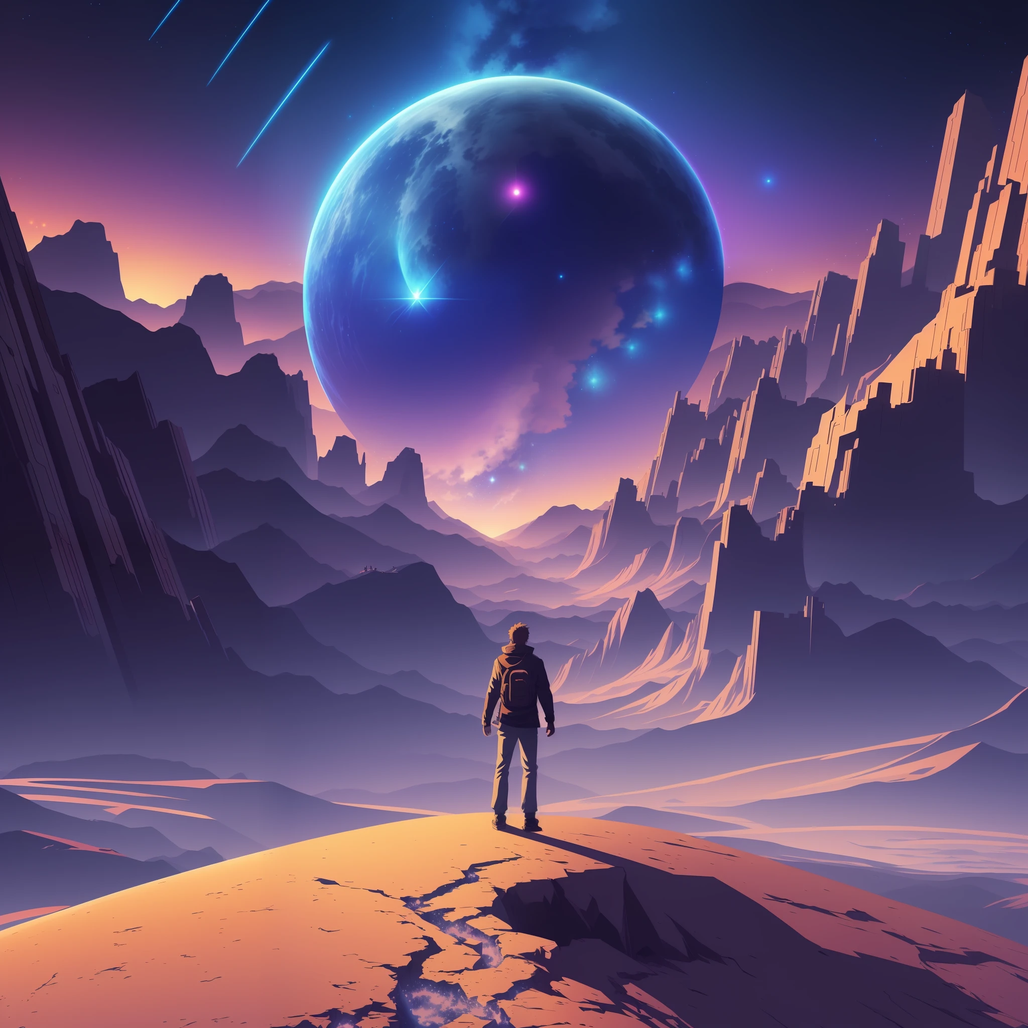 Anime, a man standing on a cliff looking at the sky full of stars, the sky a beam perpendicular to the ground, concept art wallpaper 4K, cosmic sky. Author: Makoto Shinkai, inspired by Christopher Baraskas, anime art wallpaper 4K, anime art wallpaper 4k, Christopher Balaskas, anime art wallpaper 8 K, 4 K HD illustration wallpaper, beautiful sci-fi art --auto --s2