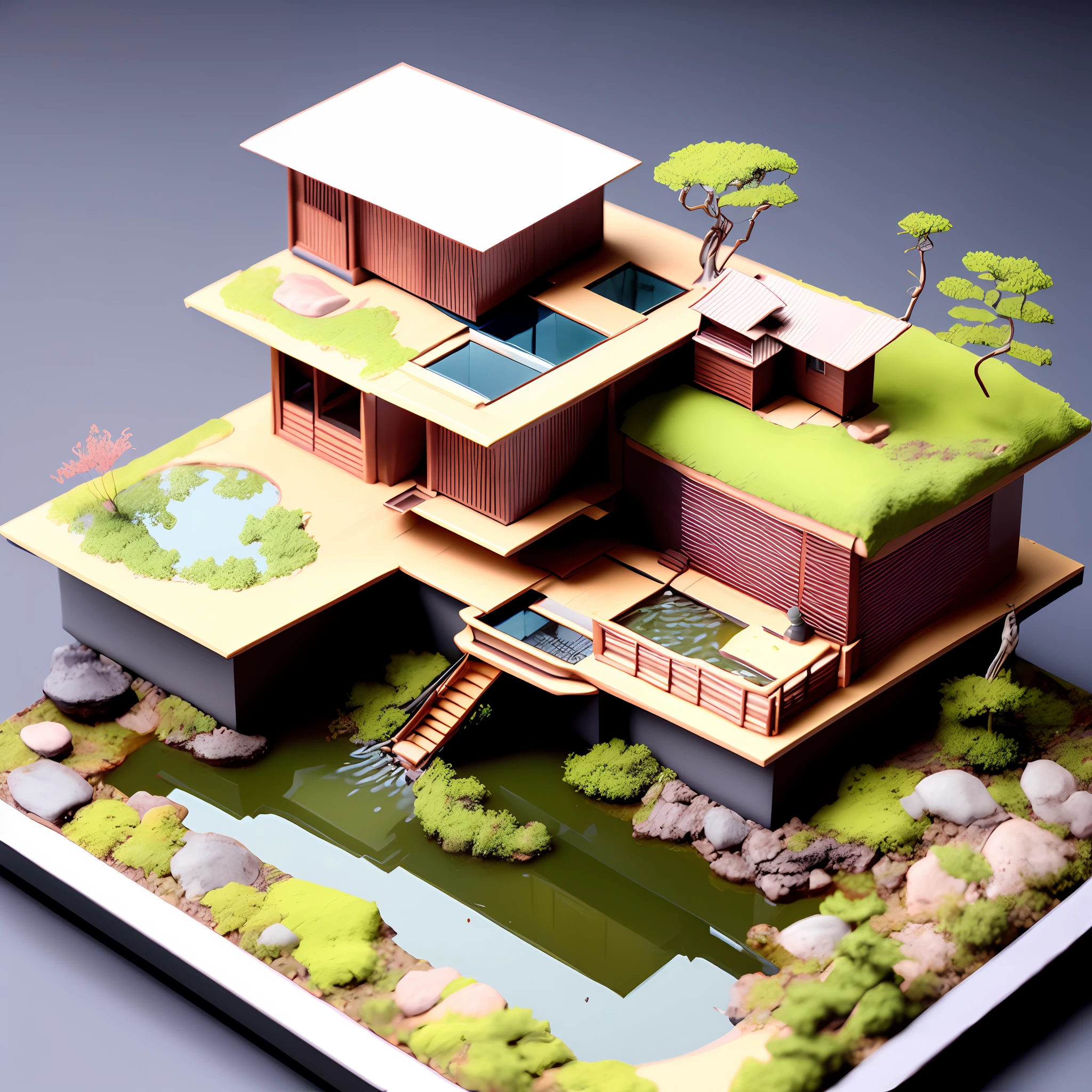 photo, a model of a cyberpunk japanese style house with a pond