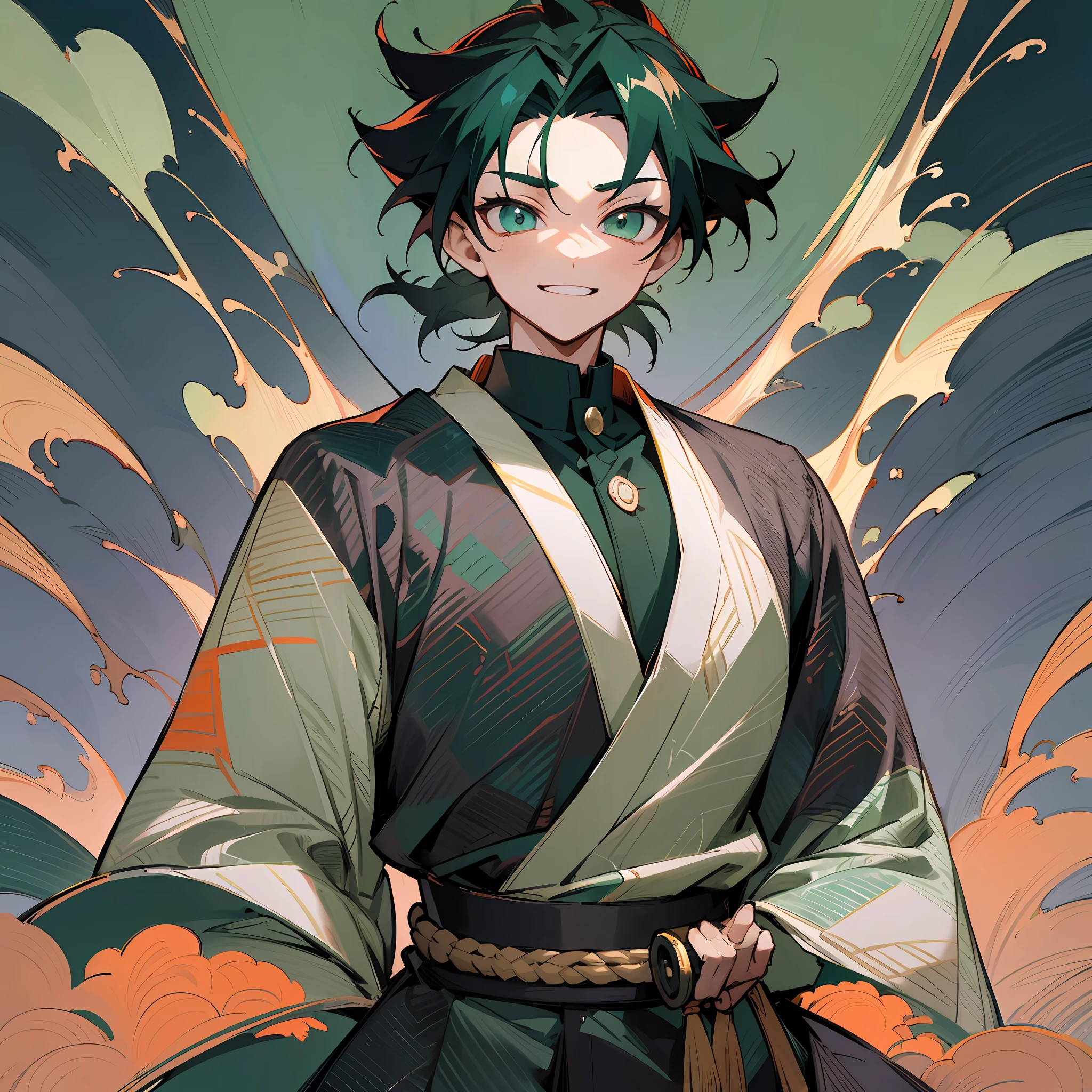 ((Best Quality)), ((Ultra Detailed)), ((Masterpiece)), Best Quality (Katana: 1.4), Serious, (Evening: 1.4), An 18-year-old ager with black hair tied up, hair pouring down continuously, straight and shiny, gently falling to the waist. Your hair is thick and healthy-looking, and your hair is large and not stuck, in contrast to your fair skin. The young man's eyes were deep and emerald green, as strong as two faint pearls. They reflect calm and curious curiosity. He had a big smile on his face and a wary look in his eyes. The young man showed a confident demeanor and a cheerful aura in the posture of drawing his sword. He wears a white, black, and dark green kimono with a large red ribbon tied around his waist made of high-quality fabric. Give him the look of a swordsman. Around his waist, he carries a black katana with red details on the blade. The long, sharp blade is made of polished steel and reflects light. The scabbard of the sword is decorated with the symbol of the devil. He felt the wind on a rocky mountain. He has a cheerful face. A black cloth was wrapped around his neck. Trees swaying in the background. Kimetsu no Yaiba style, alone, 1boy, demon slayer style, wayward look, smile, confident, only 1, demon slayer art style, full body --auto --s2