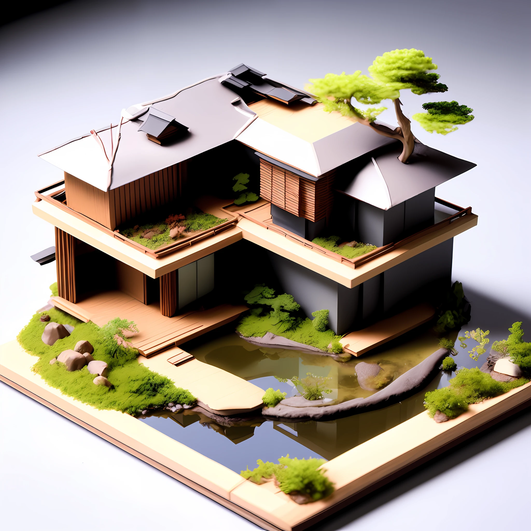 photo, a model of a cyberpunk japanese style house with a pond