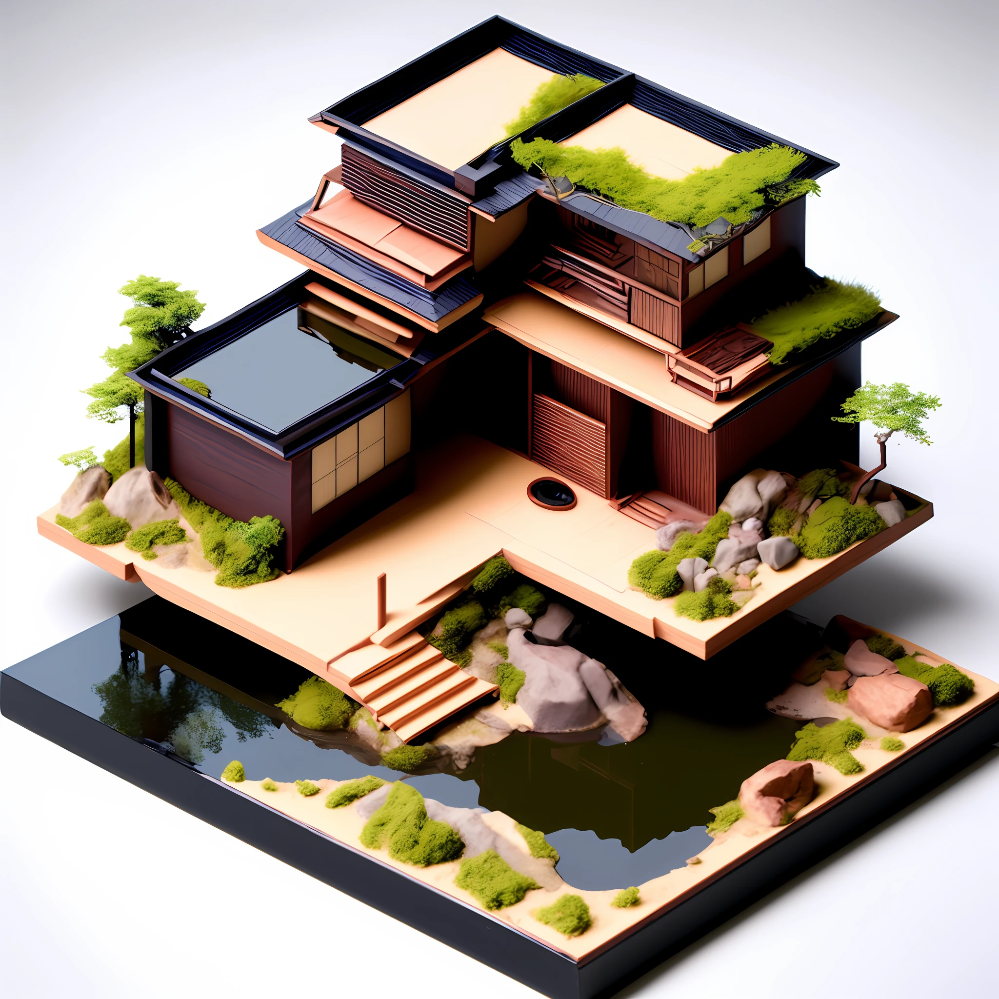 photo, a model of a cyberpunk japanese style house with a pond