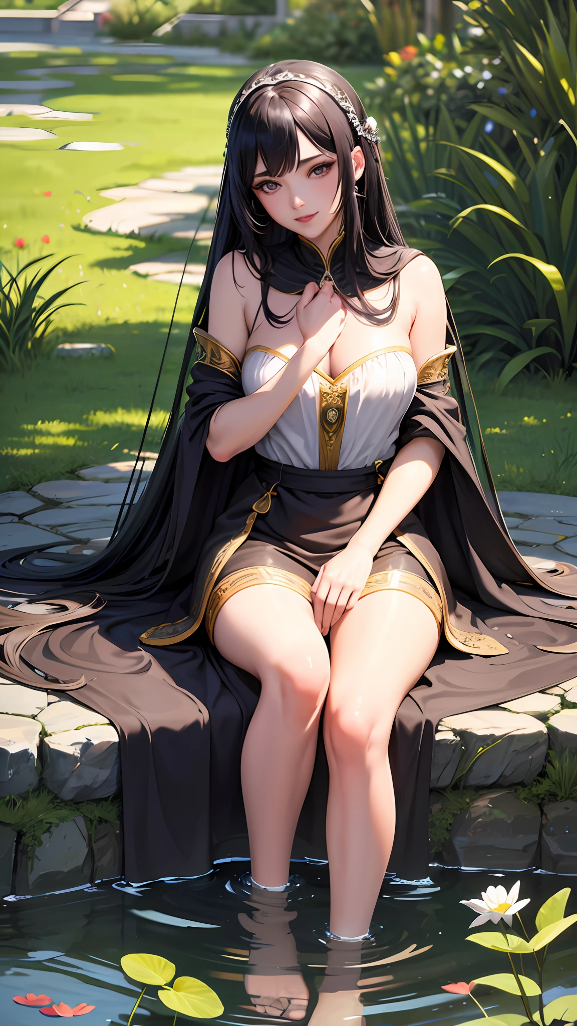 (photorealistic), (unparalleled masterpiece, sidelighting, finely detailed beautiful eyes: 1.2), (detailed background ancient kingdom), 1 female, ultra realistic 8k CG, perfect artwork,upper body, shiny long black hair, lustrous skin, realistic, 3d face, fully clothed, unexposed skin, black and white clothing, perfect female figure, cheerful, captivating, sitting beside a pond, feet dipping in water