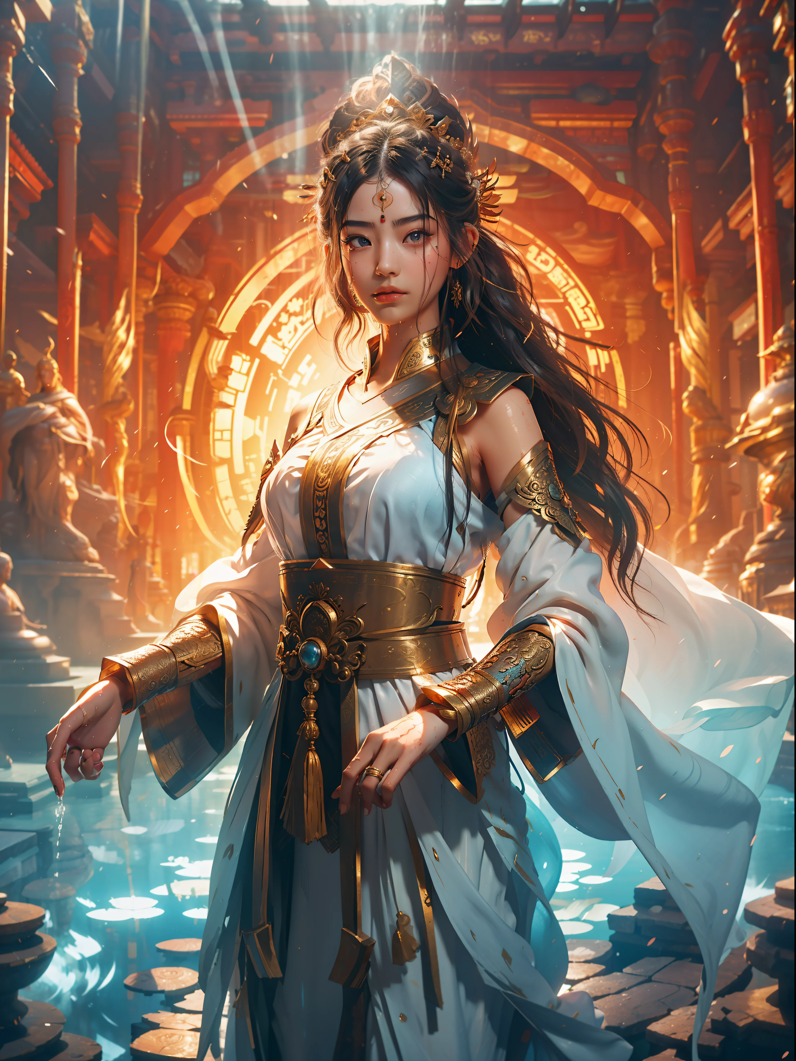 A Buddhist Bodhisattva Girl, (Masterpiece, Top Quality, Best Quality, Official Art), (KPOP idol), (Super Long Hair, Messy Long Flowing Hair, Light Pink Long Hair), Delicate Jewelry, Delicate Bracelet, Delicate Hair Ornament, High Feeling, Aperture in the Back, Fairy Fluttering, Looking Up View, Barefoot, Golden Bracelet on Ankle, Ancient Chinese Costumes, (Conservative Clothes), (Gorgeous Silk, Flowing Tulle, Flying Silk Around), dazzling background, Golden aperture on the back, gold Falun on the back, best light, best shadow, movie lighting, mystery, background pure black with ring aperture, ultra HD, 8k, fair skin, Wolp_style, duhuang_style, upper body close-up, detailed face, (sideways: 1.5), 28 years old, 1girl, well-dressed, super long clothes, one leg on the ground, left hand to do Buddha hand on chest, the other raised above the head to do bergamot, surrealism, photo, realistic,{(Surfacing from the clear pool,(Splashes around the body: 2.0), Splashes, Water ripples)}, (Wet clothes: 1.5) (Wet body: 3.0), (Wet hair: 1.5)}, Mid-chest, 48KG weight, smooth skin, light blue pupils, detailed eye painting, (Super white skin, supple skin), (Face focus, bending over to look at the camera, snap), light hitting the face