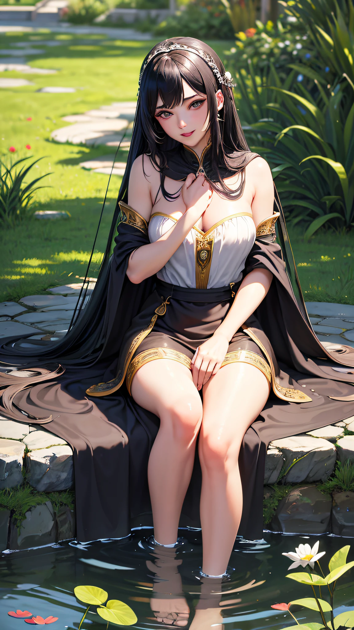(photorealistic), (unparalleled masterpiece, sidelighting, finely detailed beautiful eyes: 1.2), (detailed background ancient kingdom), 1 female, ultra realistic 8k CG, perfect artwork,upper body, shiny long black hair, lustrous skin, realistic, 3d face, fully clothed, unexposed skin, black and white clothing, perfect female figure, cheerful, captivating, sitting beside a pond, feet dipping in water