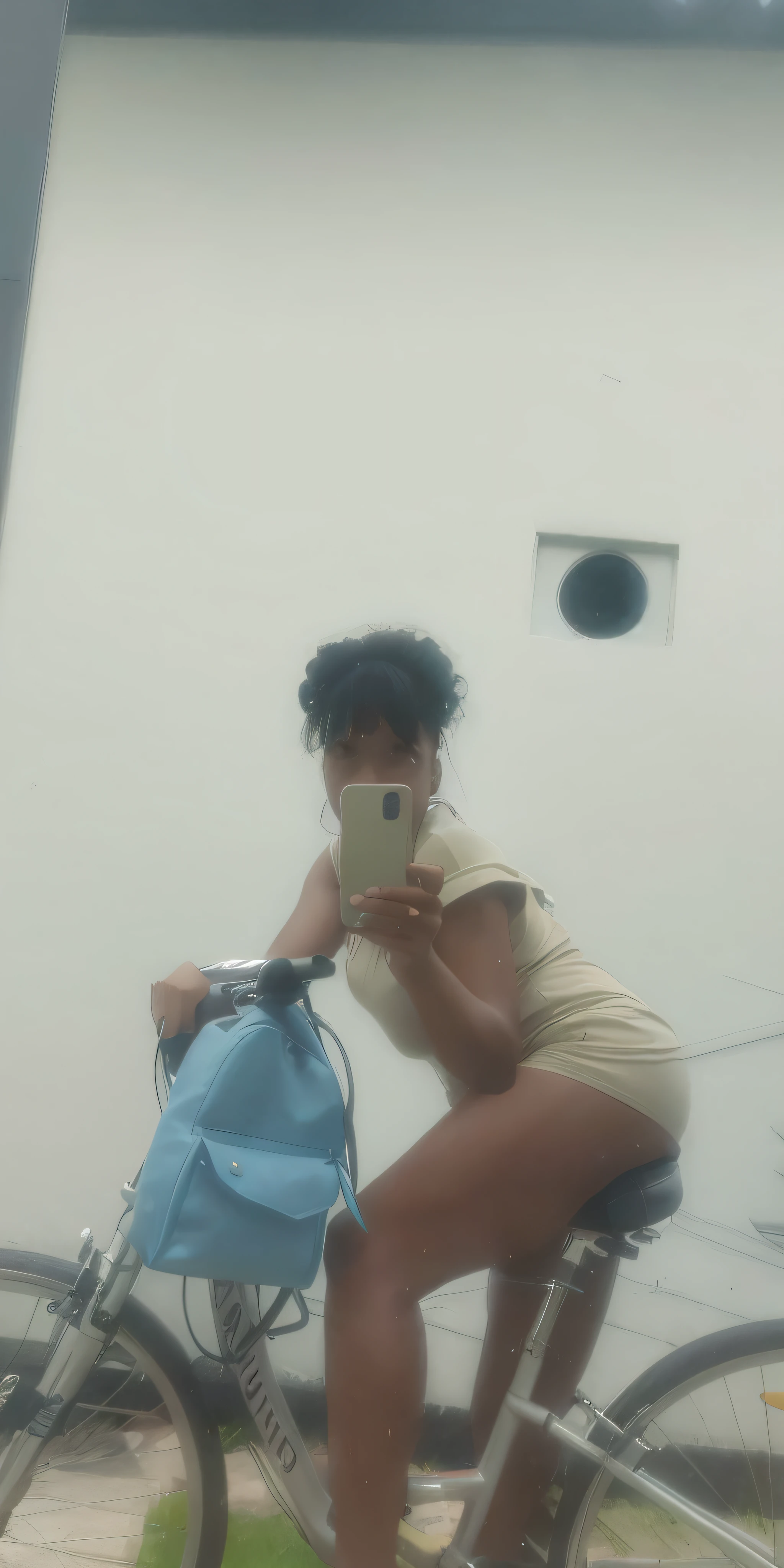 There is a woman sitting on a bicycle and taking a picture, photo of 4k quality, frontal image,
