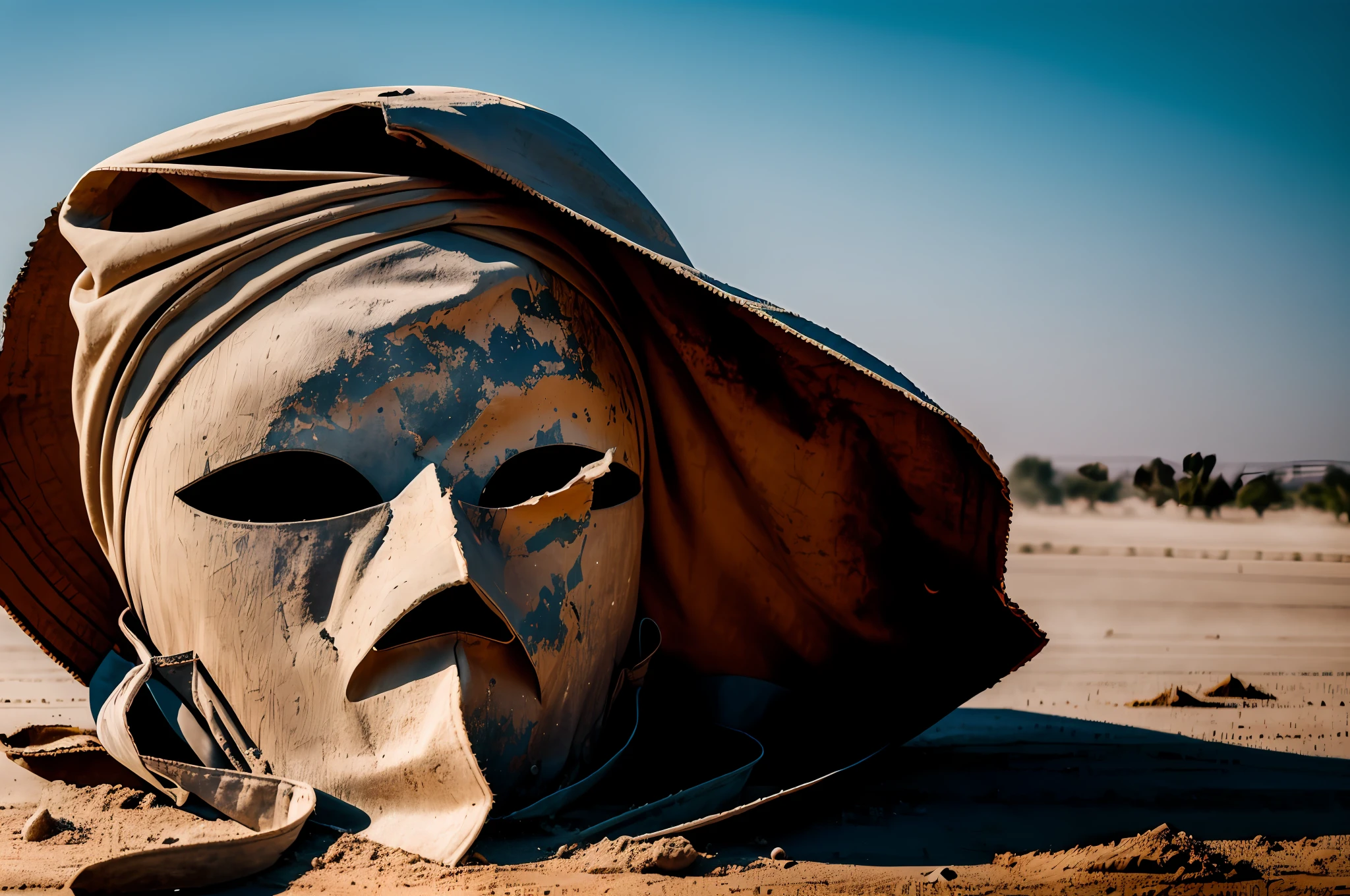 The girl in the mask leaned on, covered in dust, torn clothes